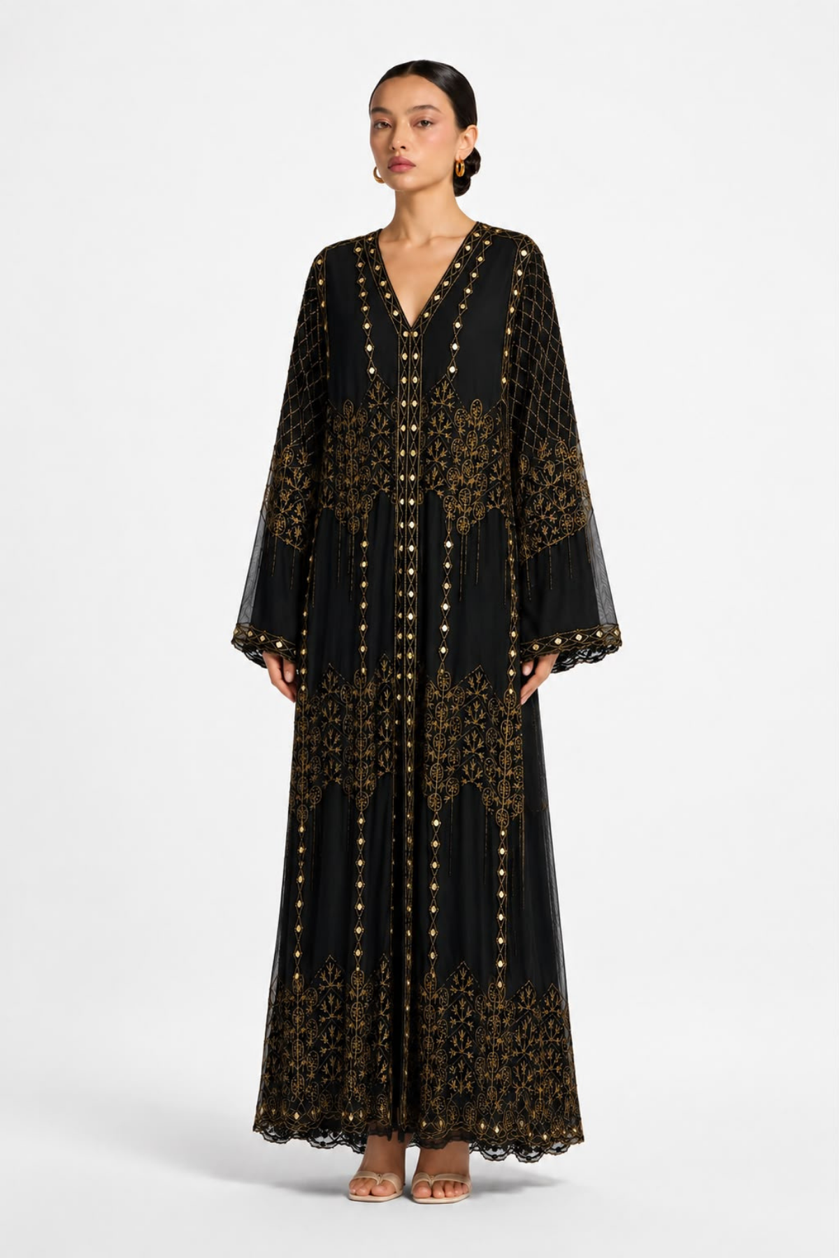 Özel Tasarım Gold Taş Ve İşleme Detaylı Siyah Abaya