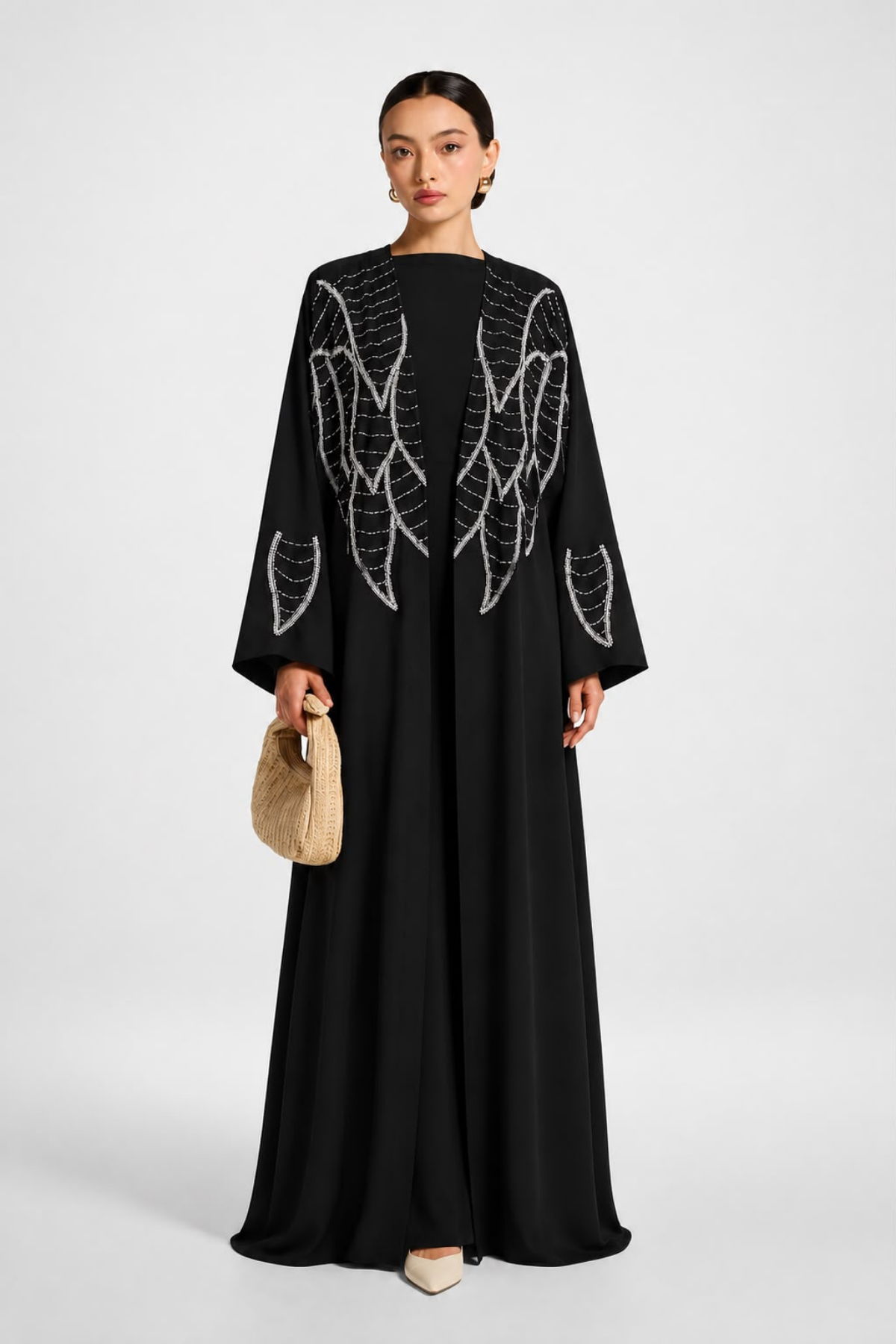 Siyah Taş İşlemeli Yaprak Desenli Uzun Kimono Abaya