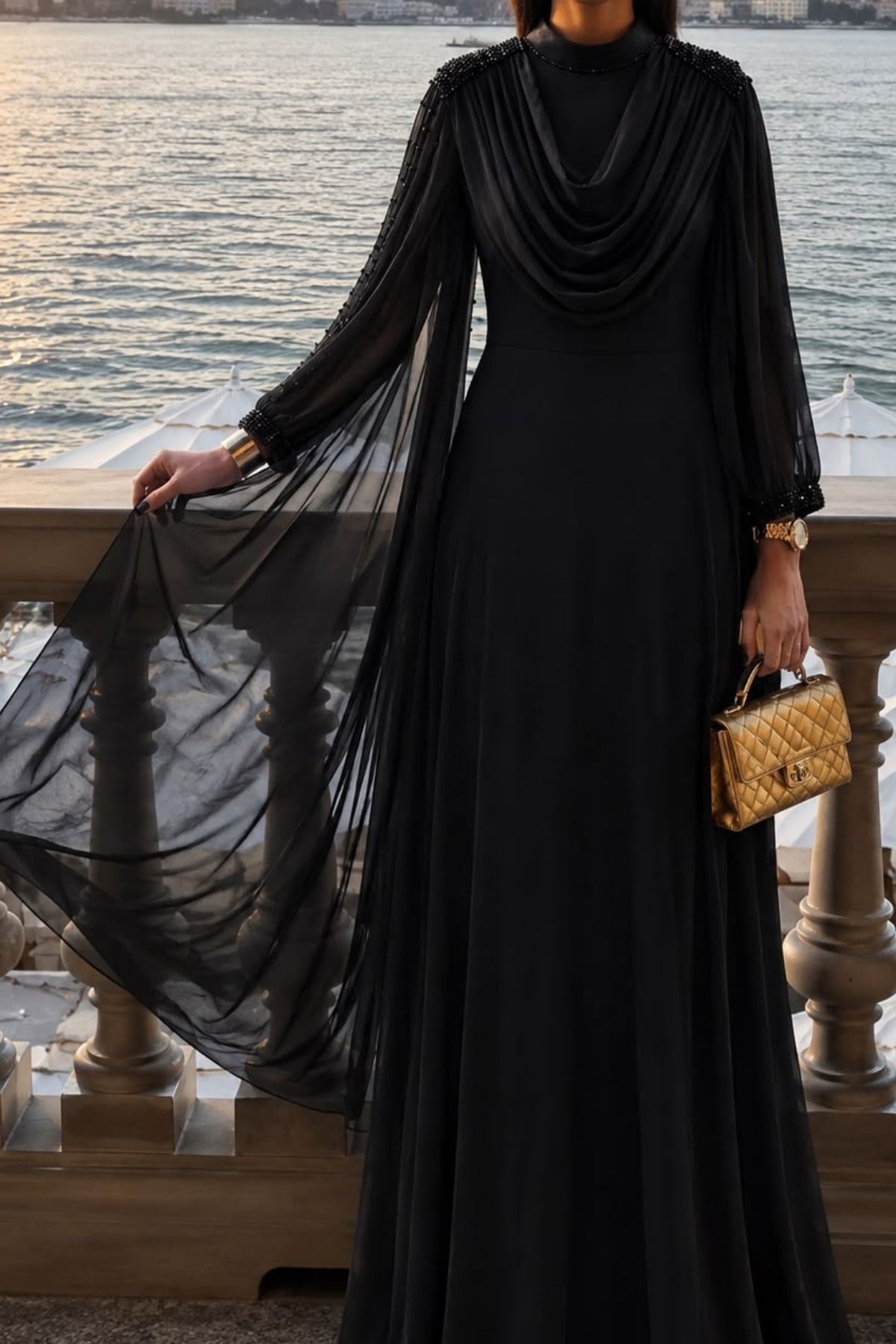 Siyah Vespera Drape Abiye