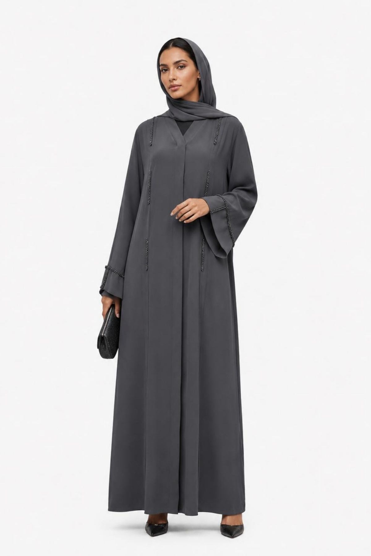  Koyu Gri Dubai İpeği Minimal Taş Detaylı Abaya