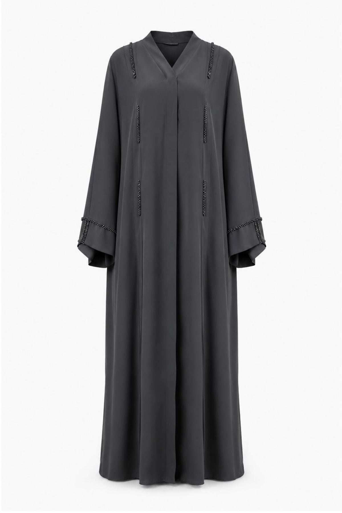  Koyu Gri Dubai İpeği Minimal Taş Detaylı Abaya
