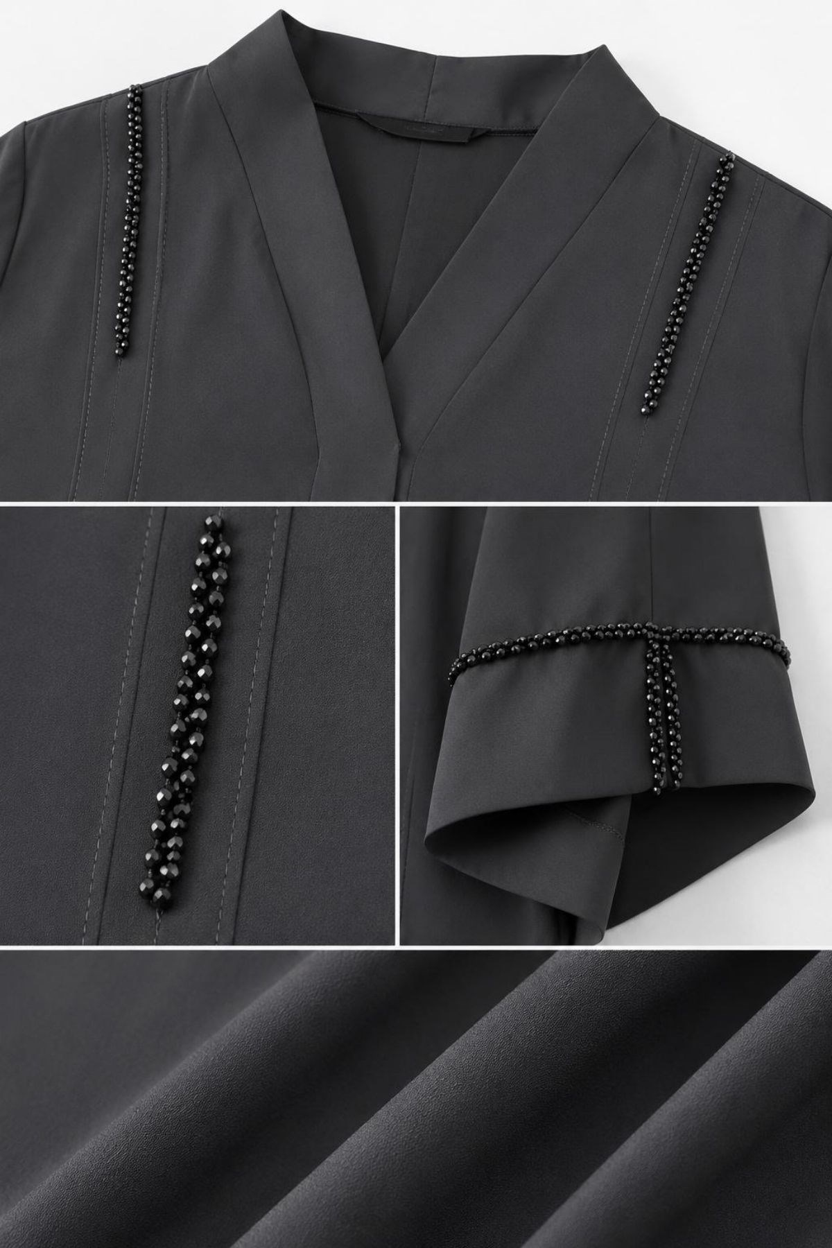  Koyu Gri Dubai İpeği Minimal Taş Detaylı Abaya