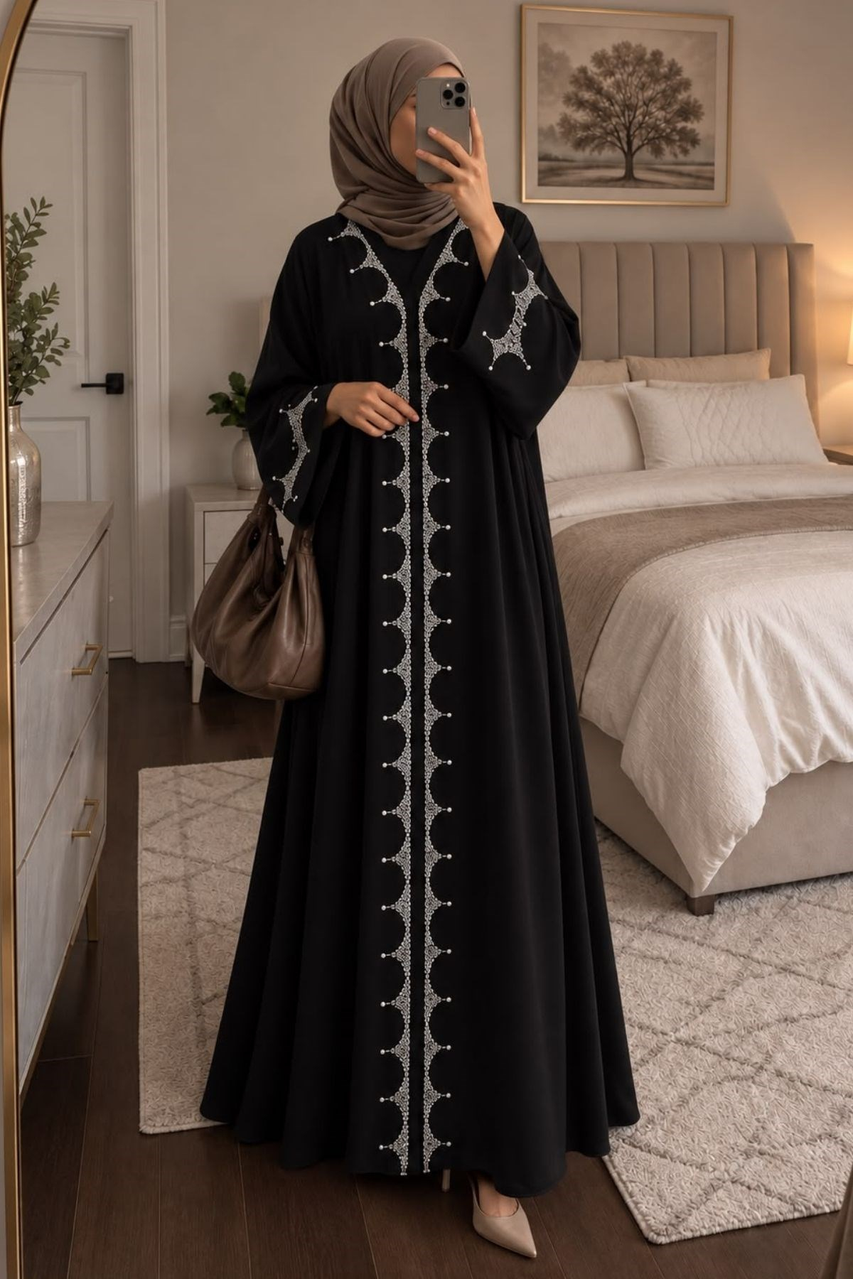  Modern Taş İşlemeli Özel Tasarım Siyah Abaya