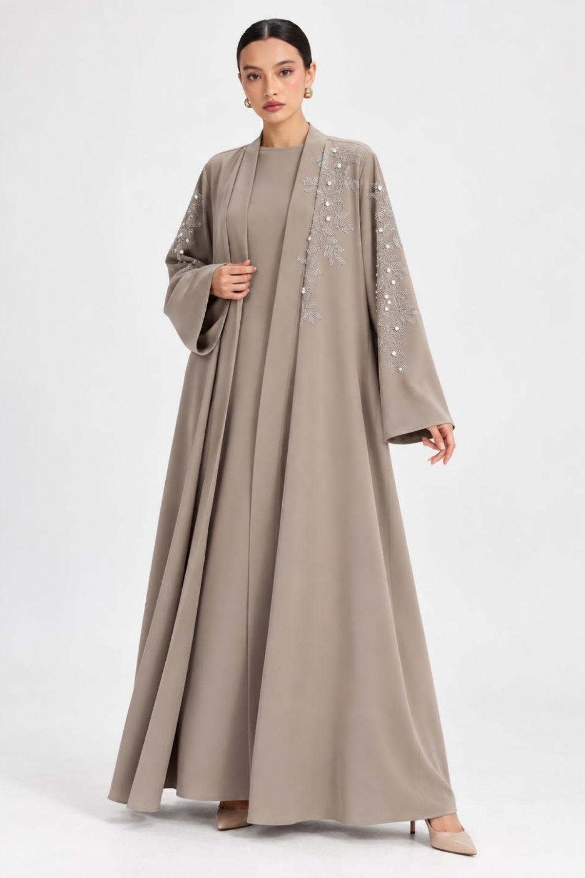  Yaprak Taş İşlemeli 2 Parça Abaya Takım