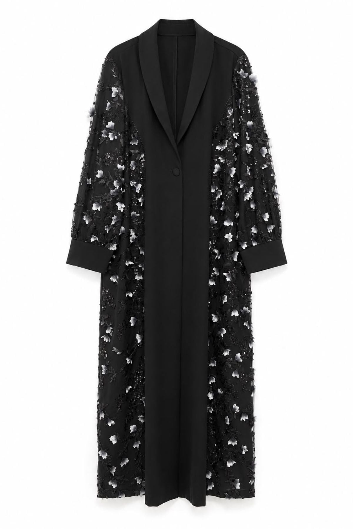 3 Boyutlu Çiçek İşlemeli Şal Yaka Abaya