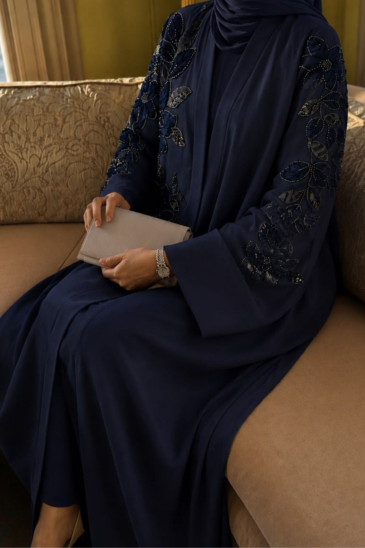 Abraham Saten Nakış Detaylı Abaya Elbise Lacivert