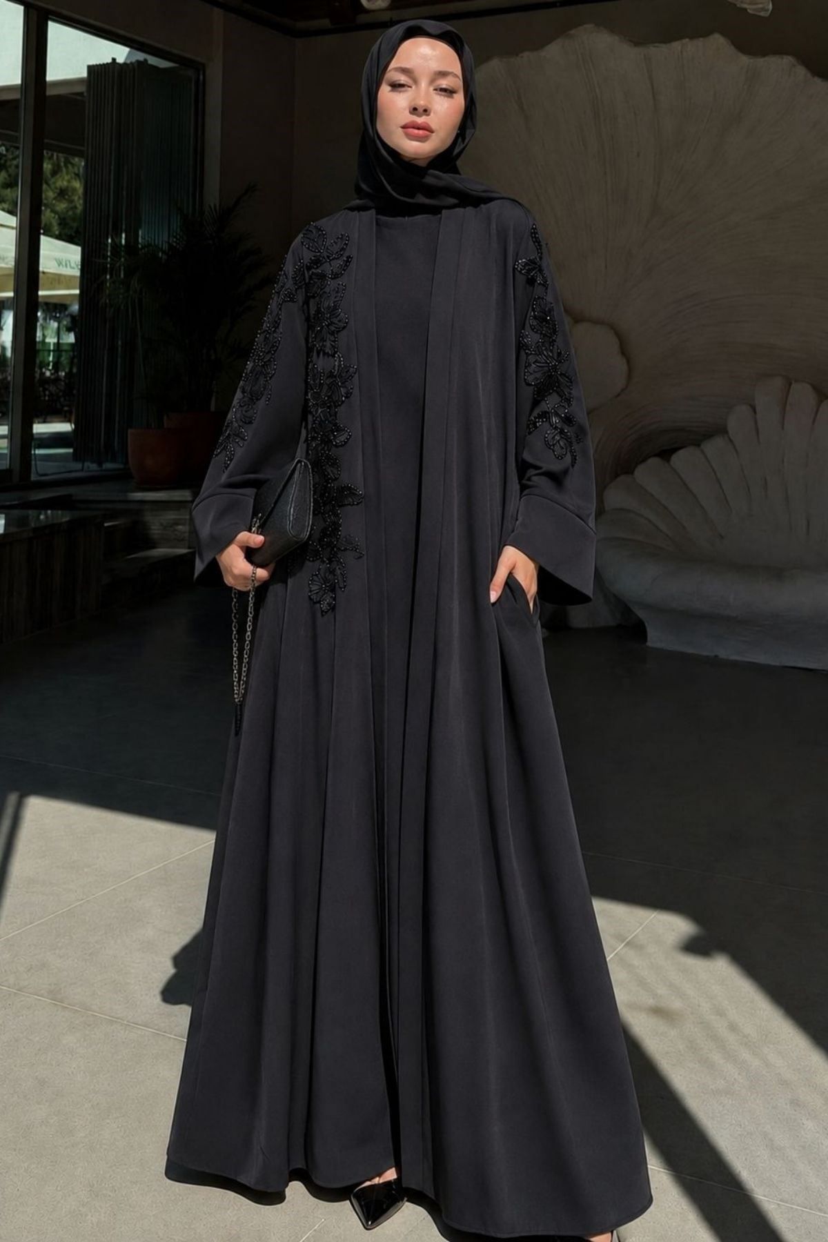 Abraham Saten Nakış Detaylı Abaya  Elbise Siyah