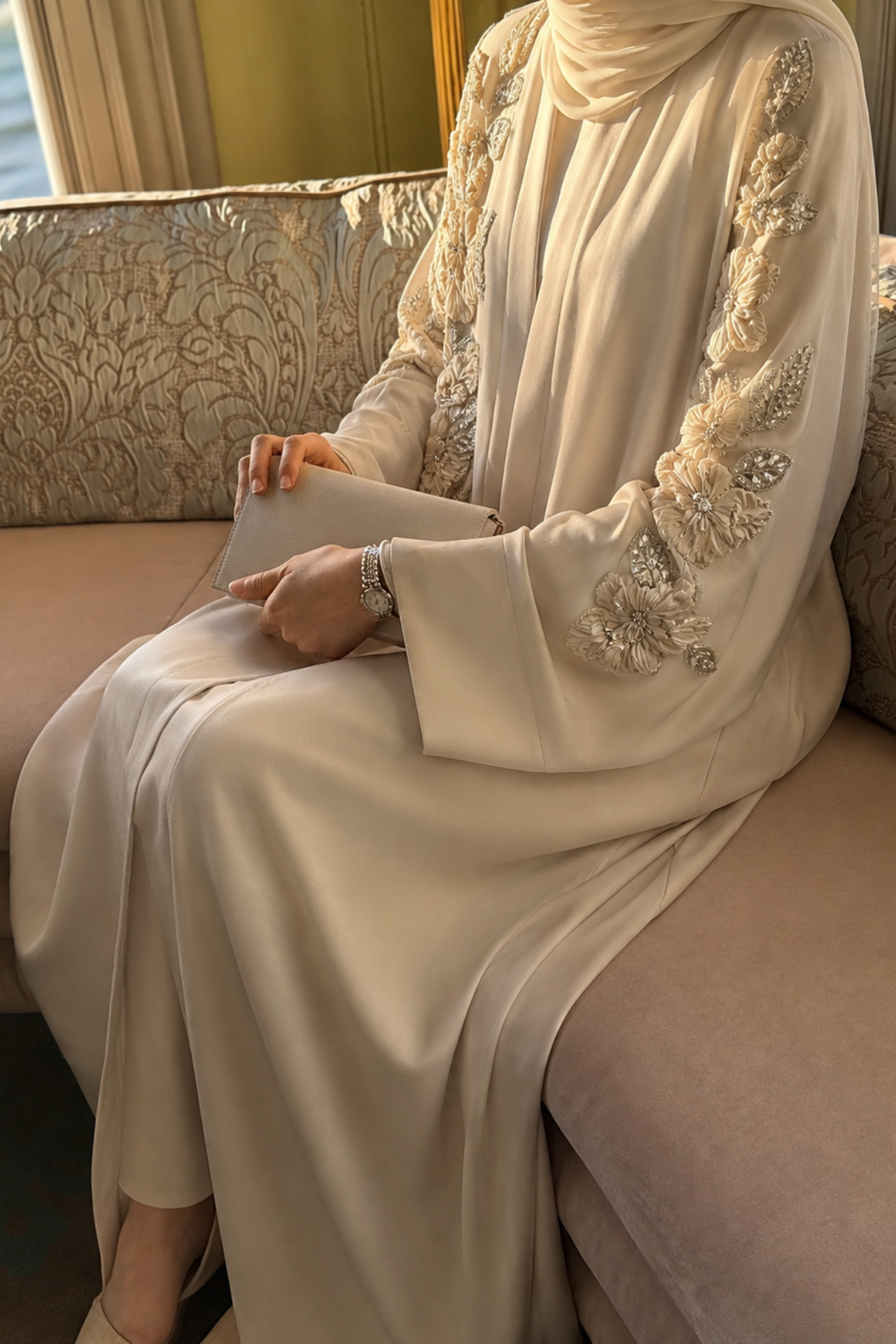 Abraham Saten Nakış Detaylı Abaya Elbise Bej