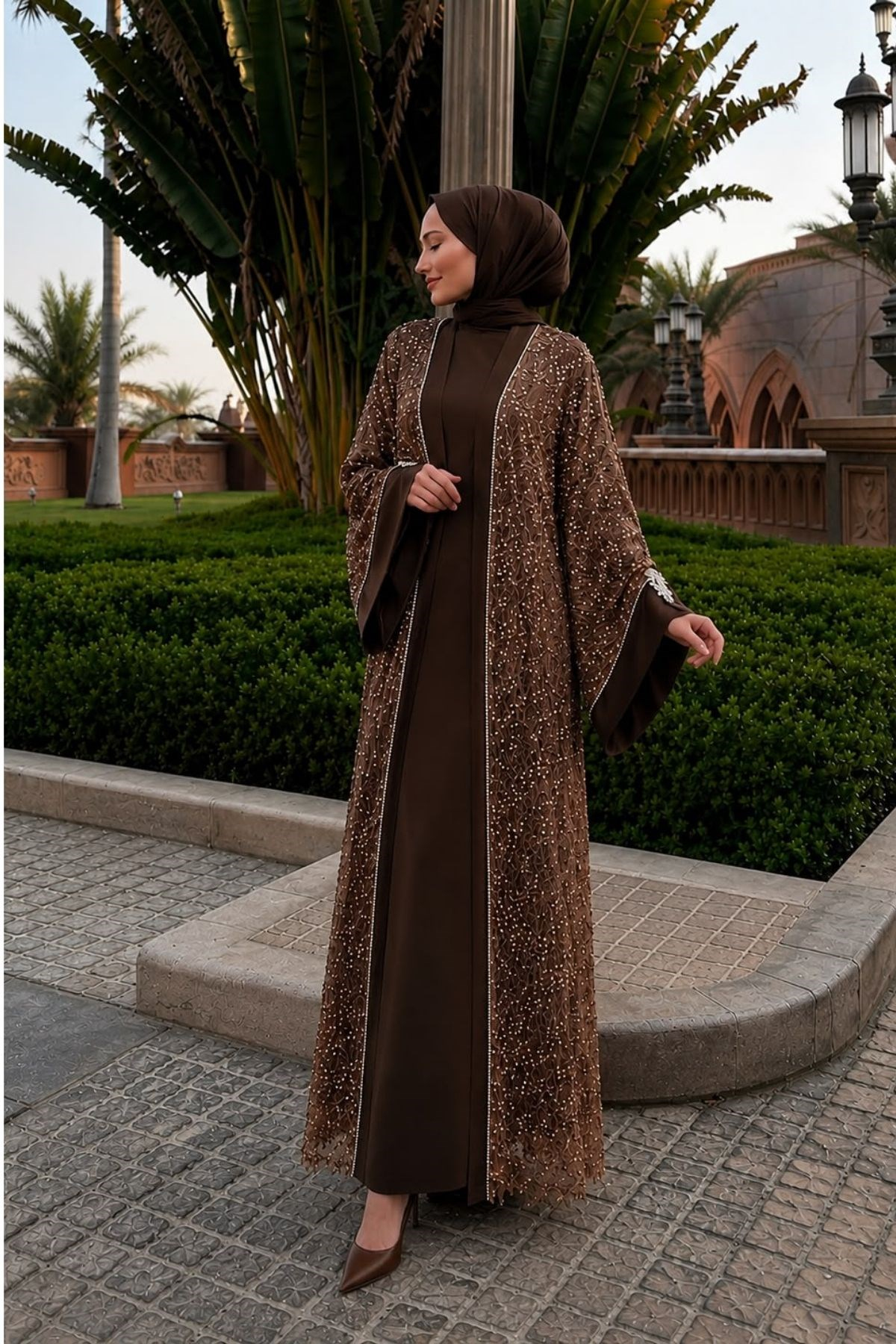 Abraham Saten Payet İşlemeli Özel Tasarım Abaya Kahve