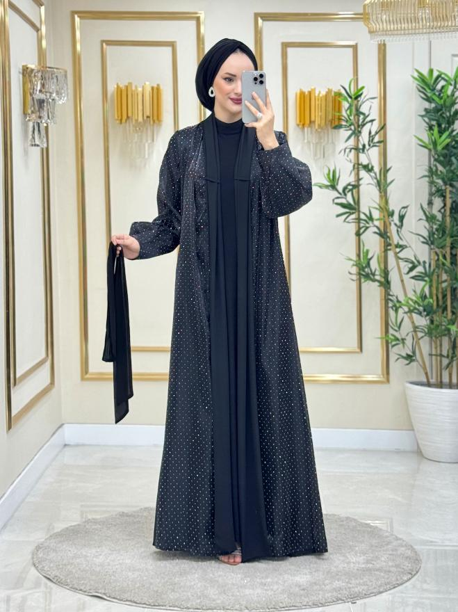 Asmin Serpme Savaroski Abaya Takım Siyah