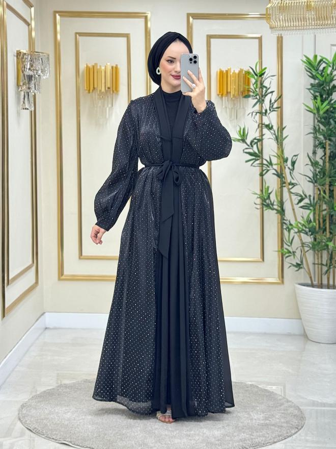Asmin Serpme Savaroski Abaya Takım Siyah
