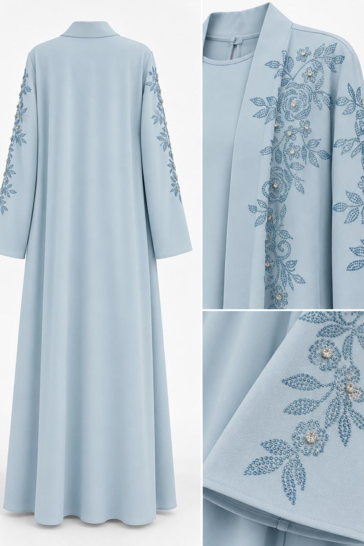 Bebe Mavisi Yaprak Taş İşlemeli 2 Parça Abaya Takım