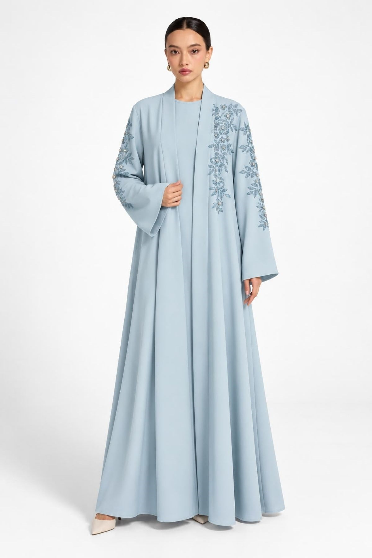 Bebe Mavisi Yaprak Taş İşlemeli 2 Parça Abaya Takım