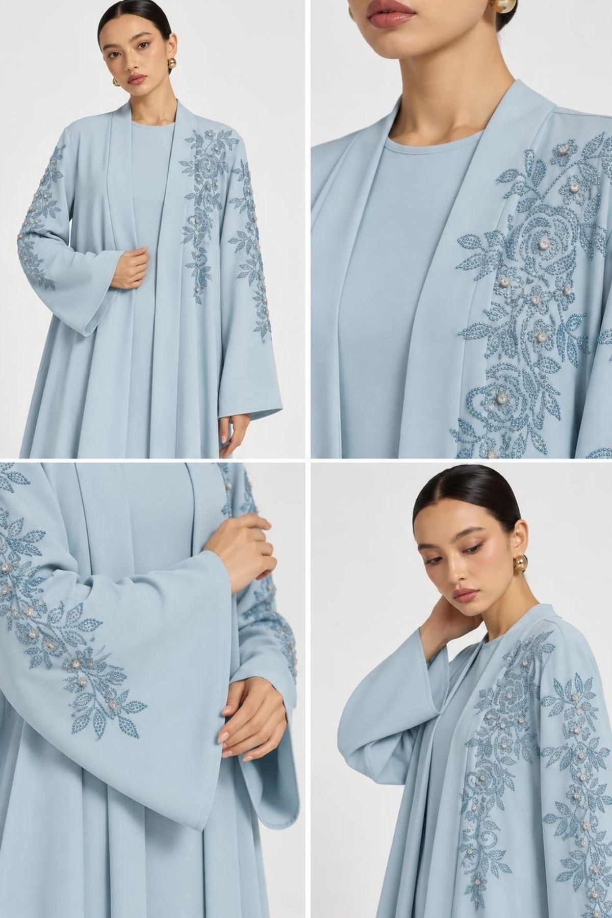 Bebe Mavisi Yaprak Taş İşlemeli 2 Parça Abaya Takım