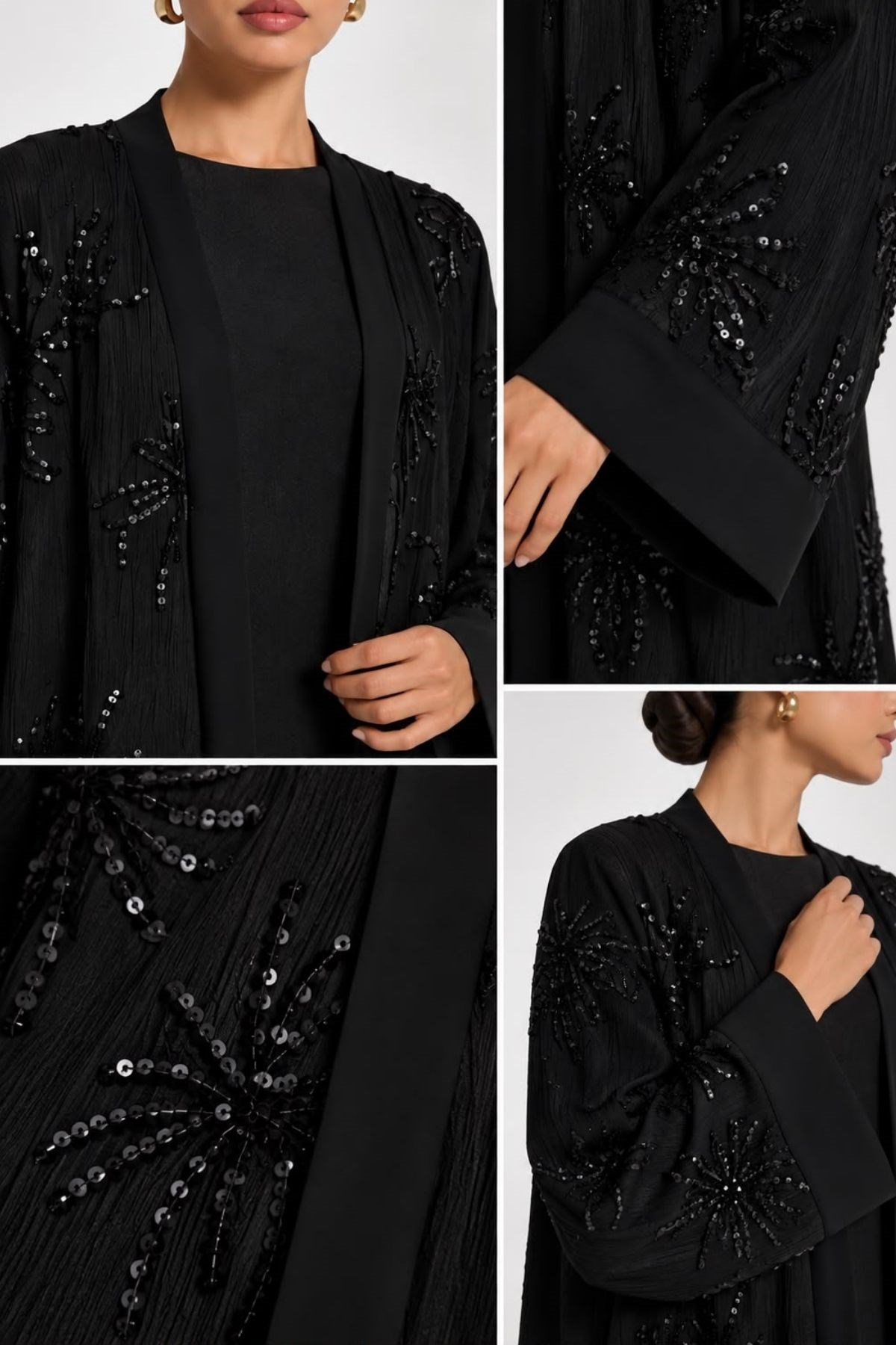 Çiçek Pul İşleme Siyah Abaya