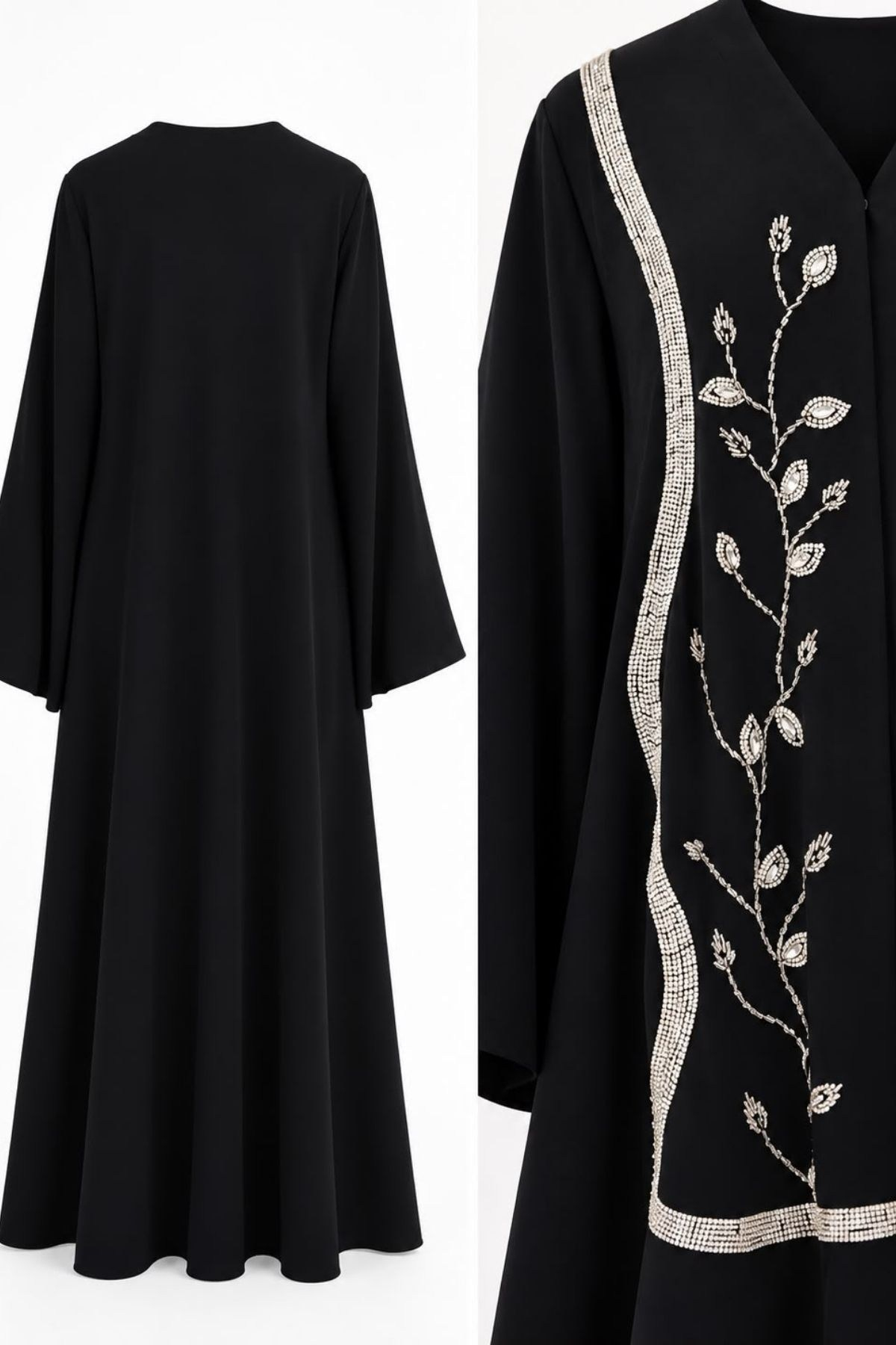 Crep Kumaş Özel Baskı Yaprak Taş İşleme Siyah Abaya