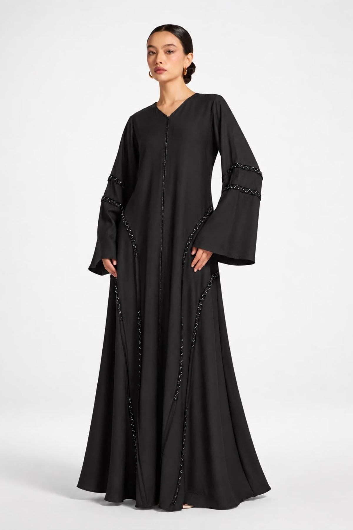Dubai İnce Zigzak Taş İşlemeli Siyah Abaya