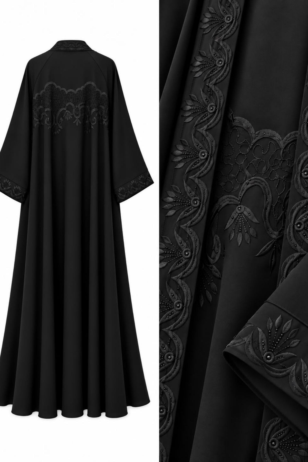 Dubai İpeği Kenar İşlemeli Siyah Abaya