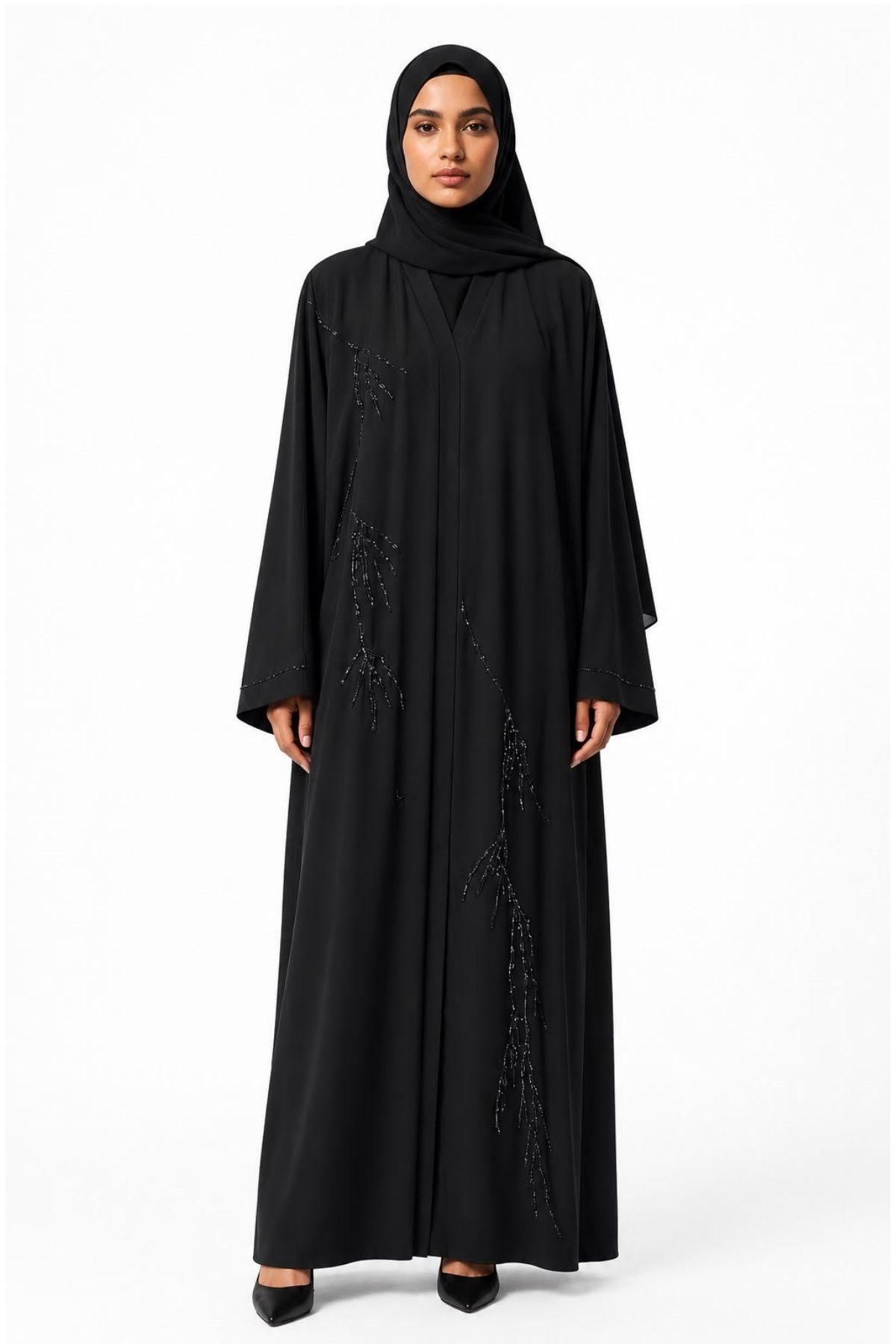 Dubai İpeği Özel Kasnak İşlemeli Ferace / Abaya