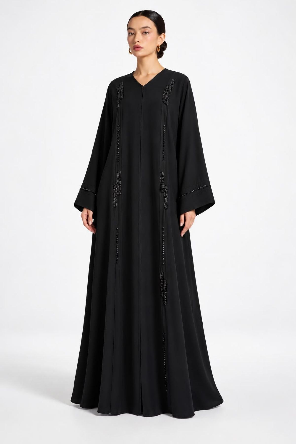 Dubai İpeği Şerit Taş İşleme Siyah Abaya