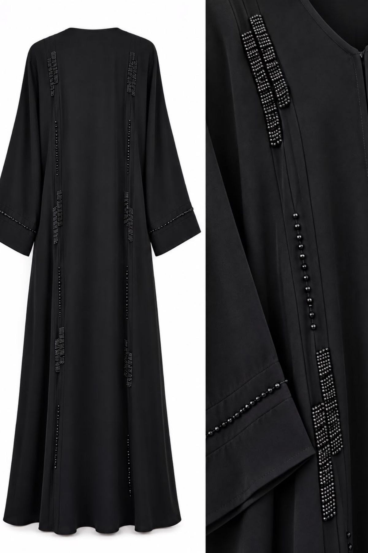 Dubai İpeği Şerit Taş İşleme Siyah Abaya