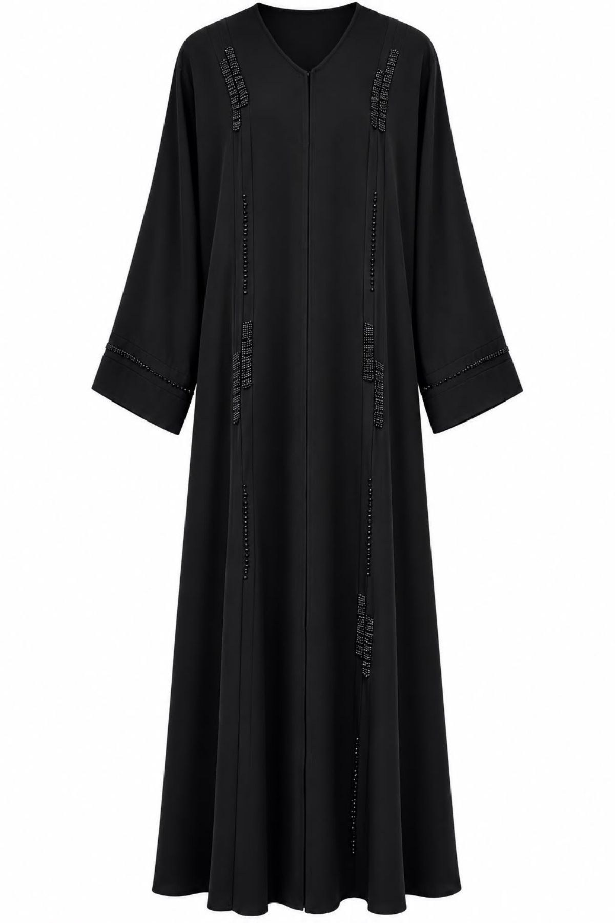 Dubai İpeği Şerit Taş İşleme Siyah Abaya