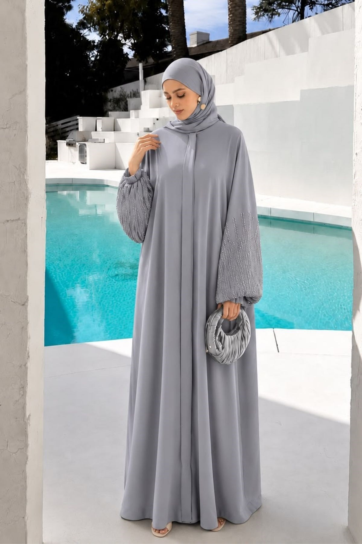 Dubai İpeği Taş İşlemeli Şal Takım Gri Ferace