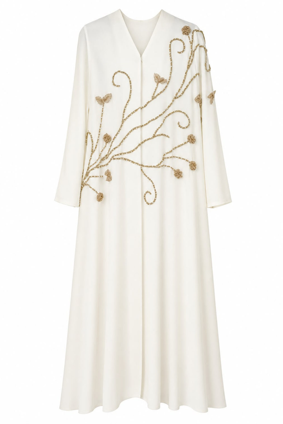 Ekru Gold Nakışlı Çiçek ve Sarmaşık Desenli Uzun Abaya