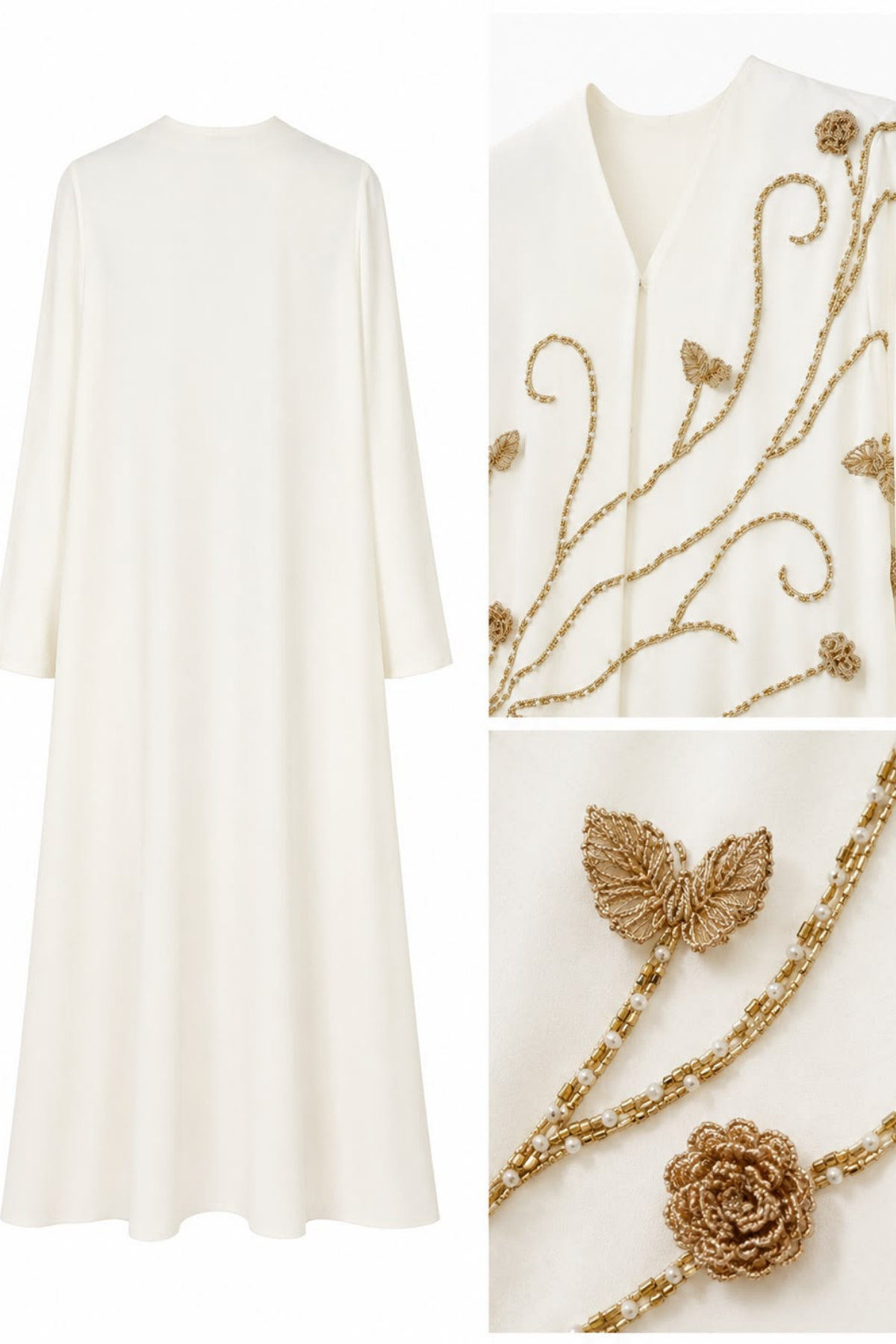 Ekru Gold Nakışlı Çiçek ve Sarmaşık Desenli Uzun Abaya