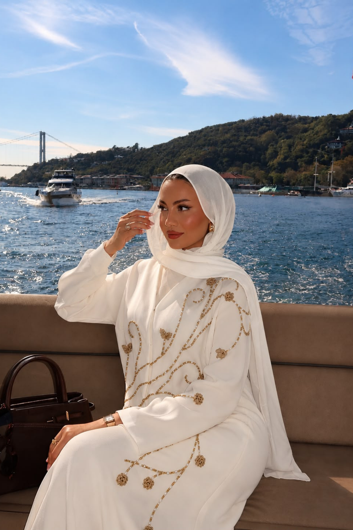 Ekru Gold Nakışlı Çiçek ve Sarmaşık Desenli Uzun Abaya
