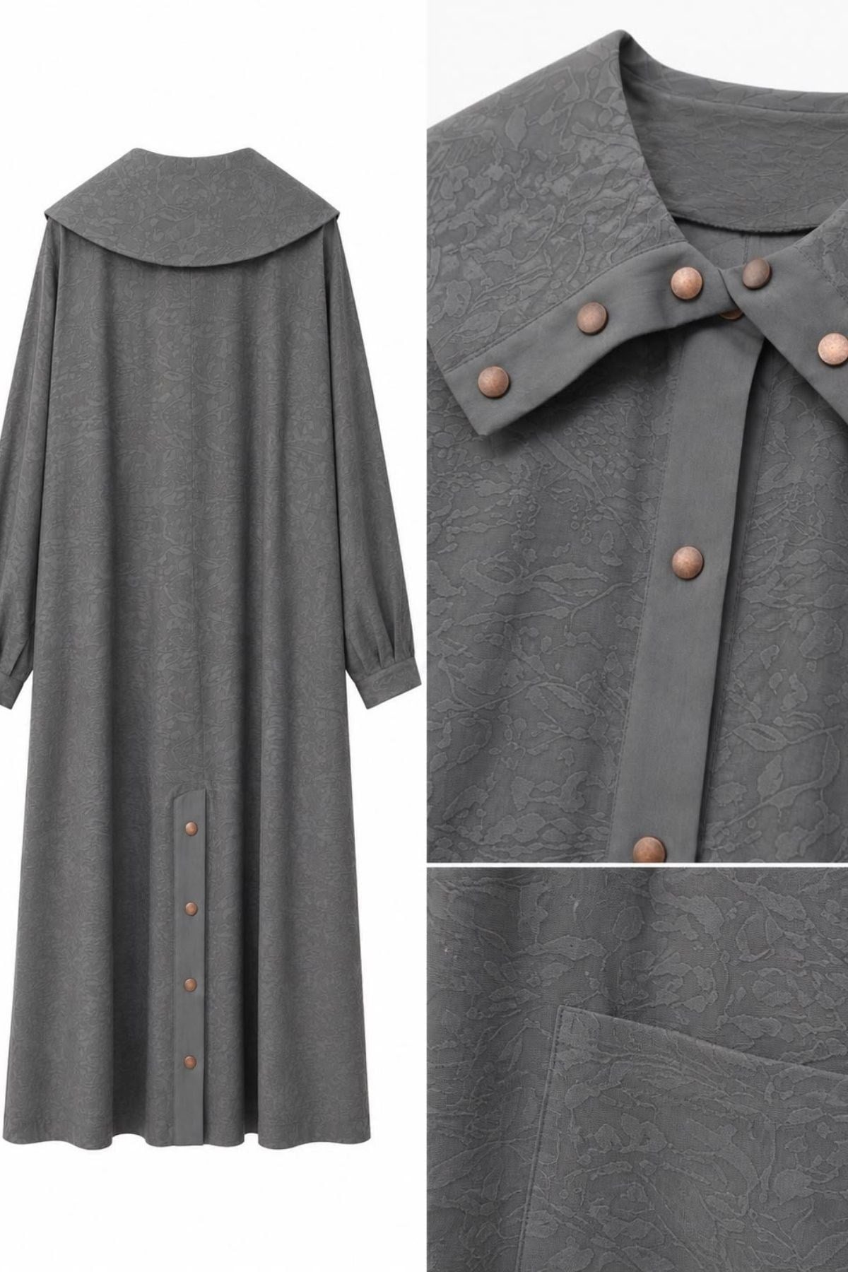 Gri Zarafet Yakalı Desenli Abaya
