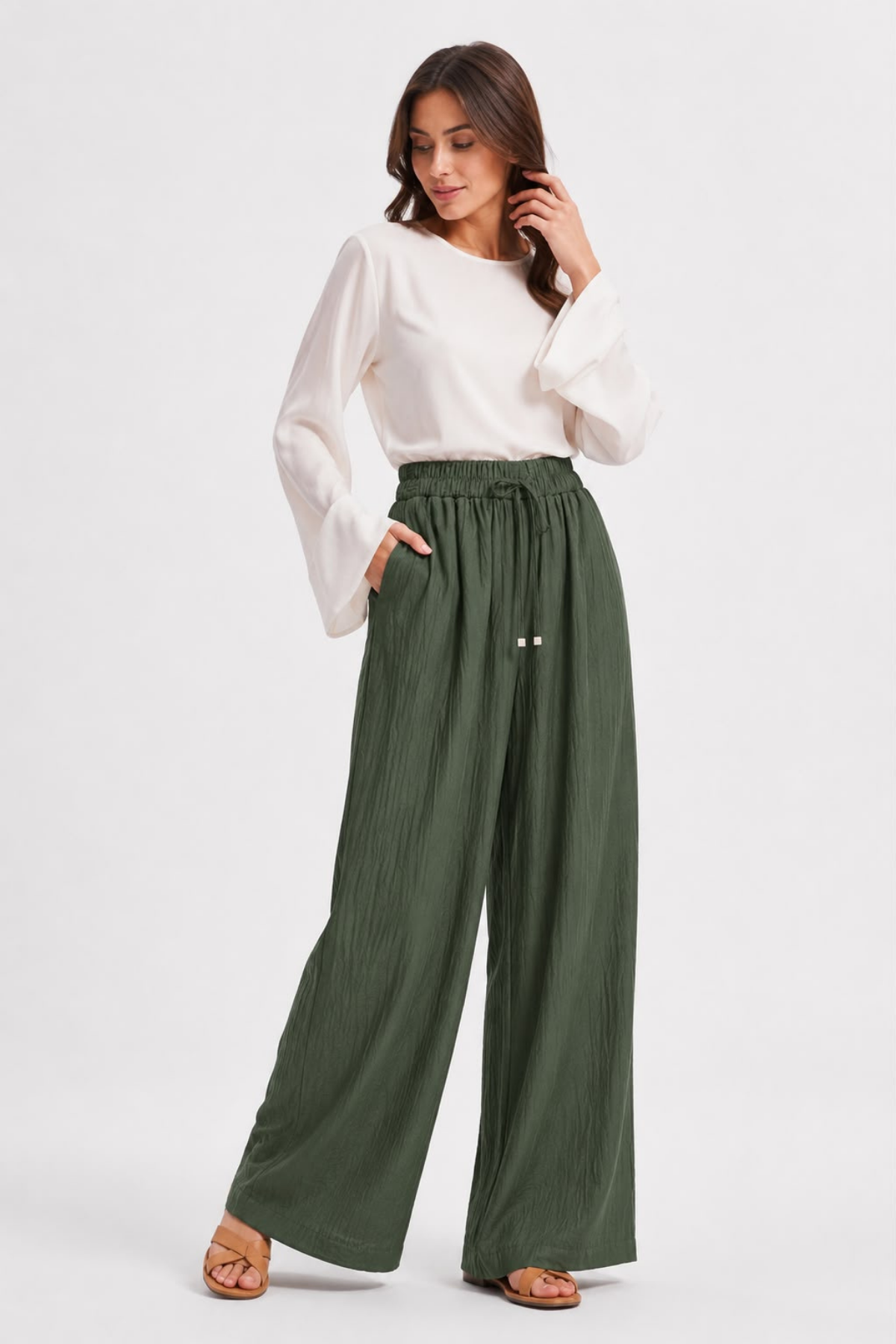 Haki Beli Lastikli Bol Paça Pantolon