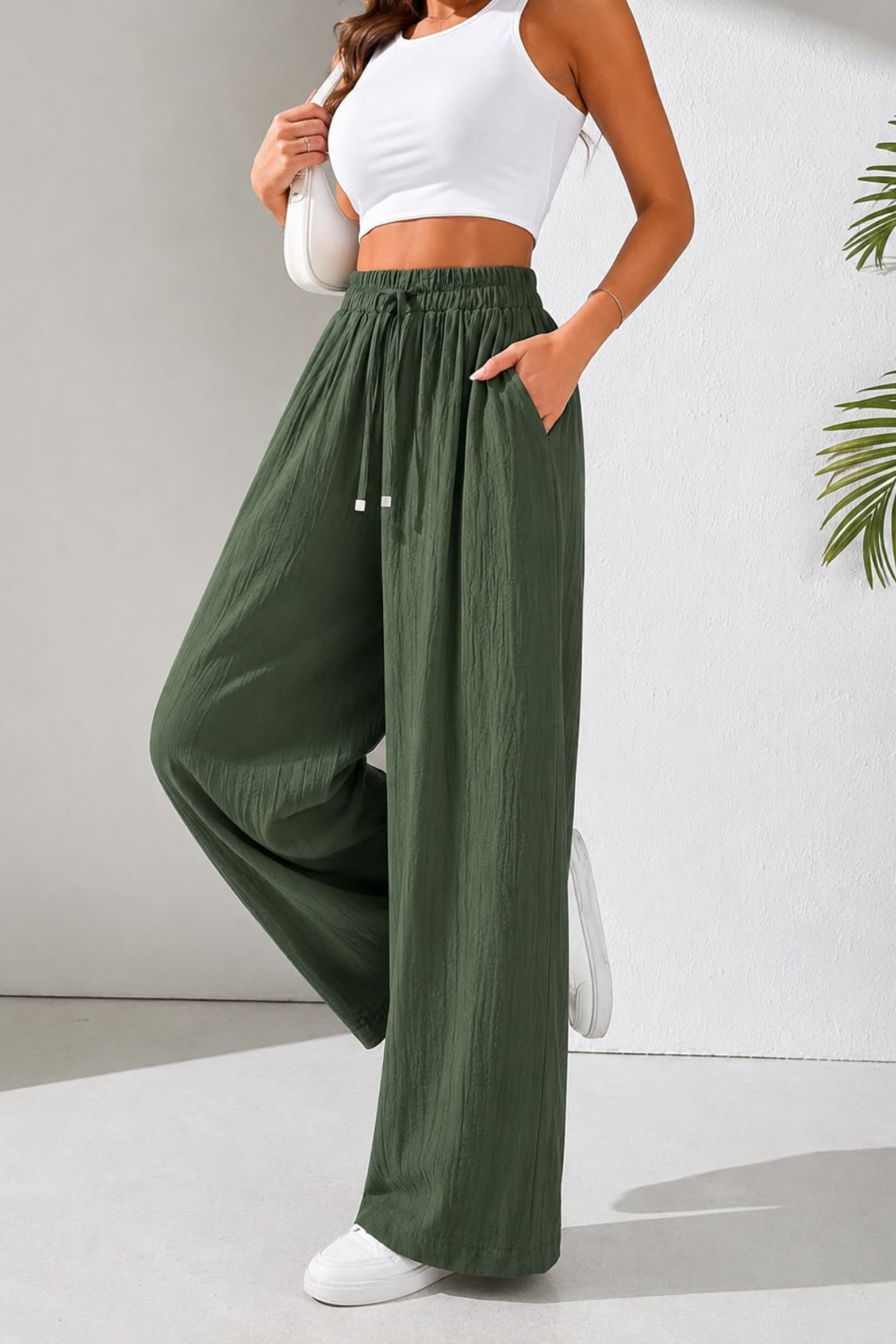 Haki Beli Lastikli Bol Paça Pantolon
