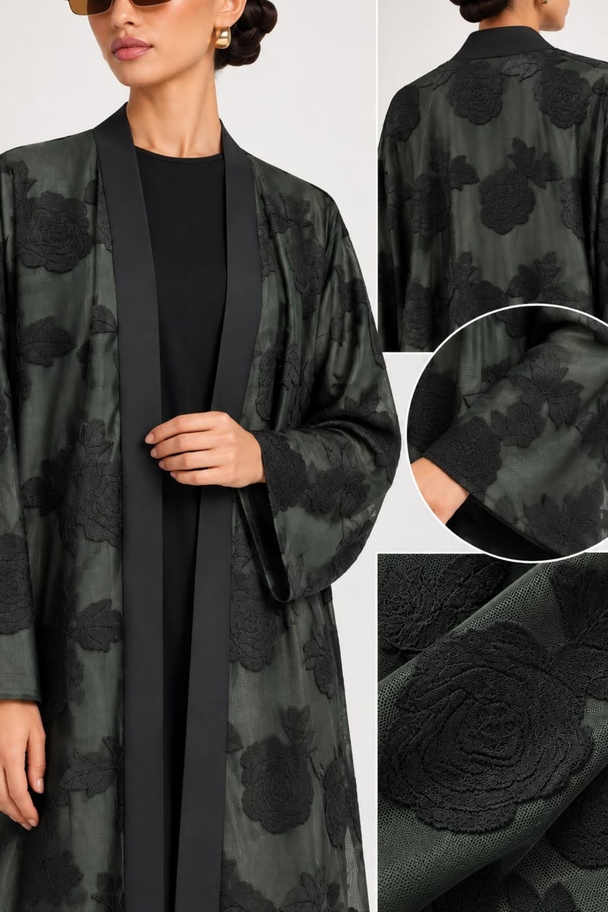 Haki Çiçek Desenli Tül Abaya