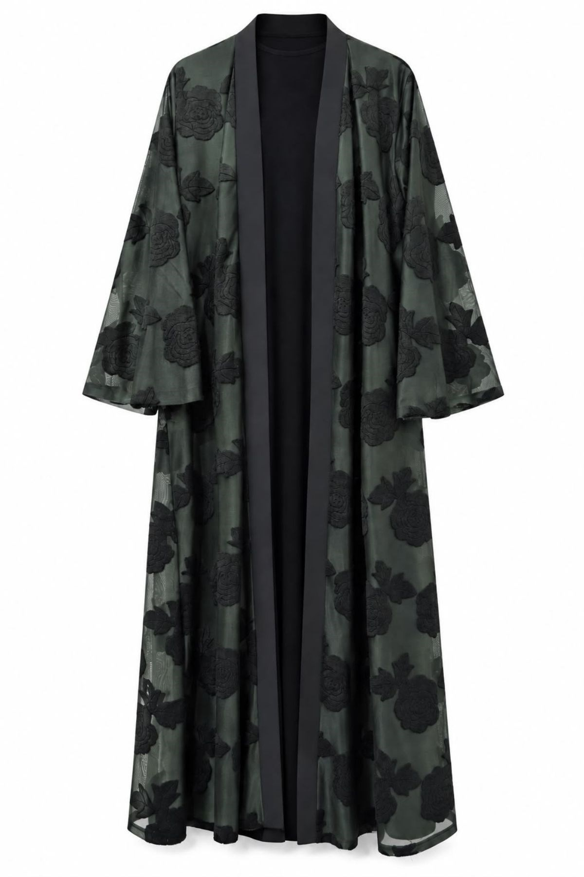 Haki Çiçek Desenli Tül Abaya