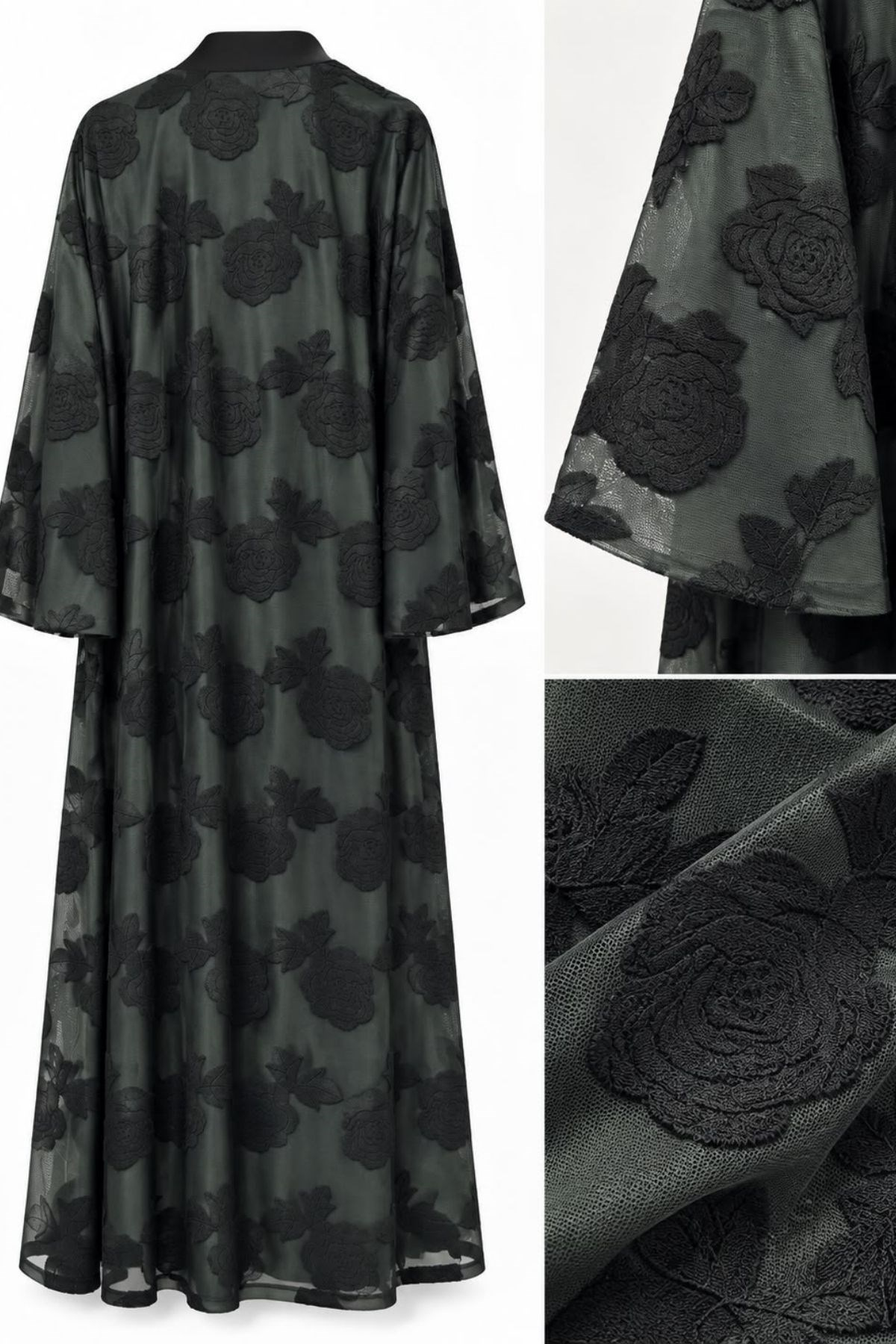 Haki Çiçek Desenli Tül Abaya