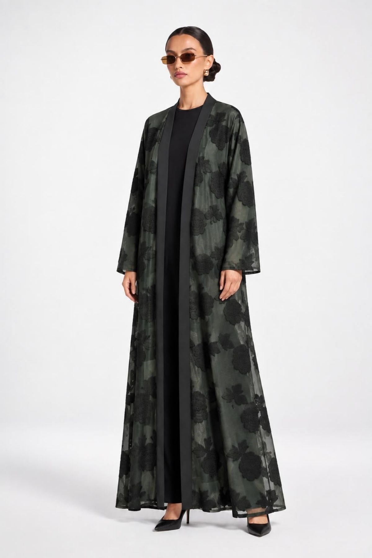 Haki Çiçek Desenli Tül Abaya