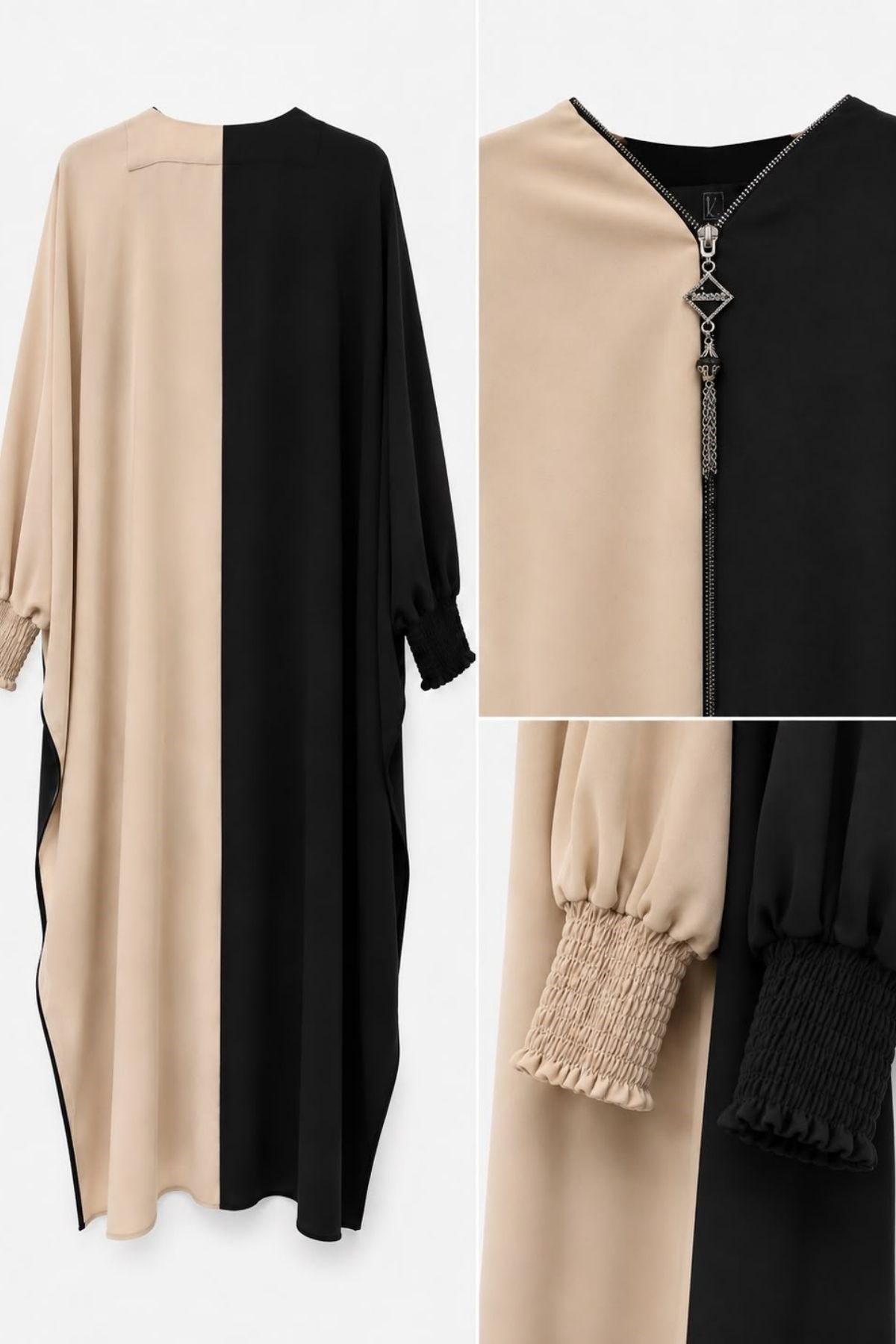 İkonik Siyah & Bej Çift Renk Abaya