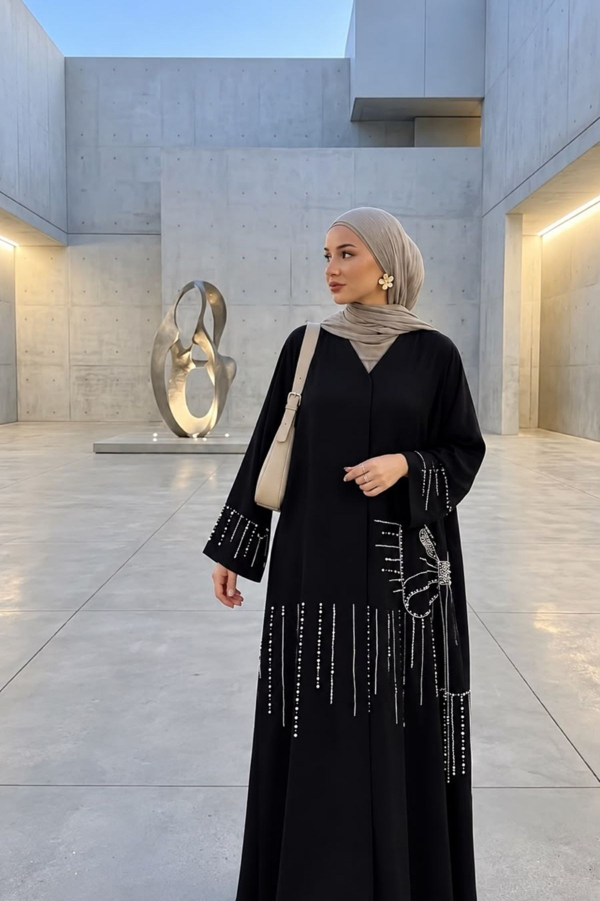 İnce Çizgili Çiçek Desenli  Taş İşlemeli Özel Tasarım Siyah Abaya