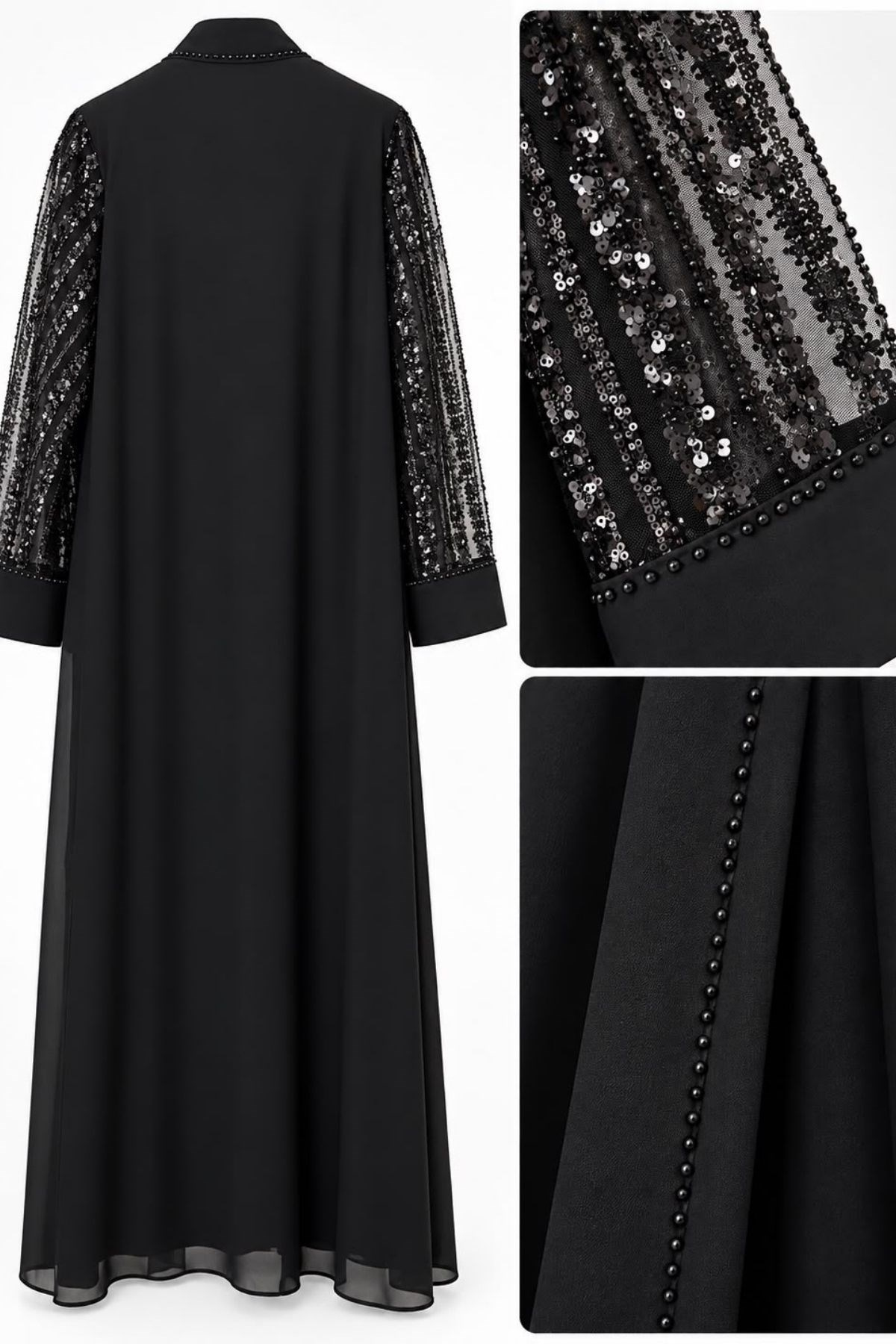 İnce Taş İşlemeli Pullu İçlikli Abaya Siyah