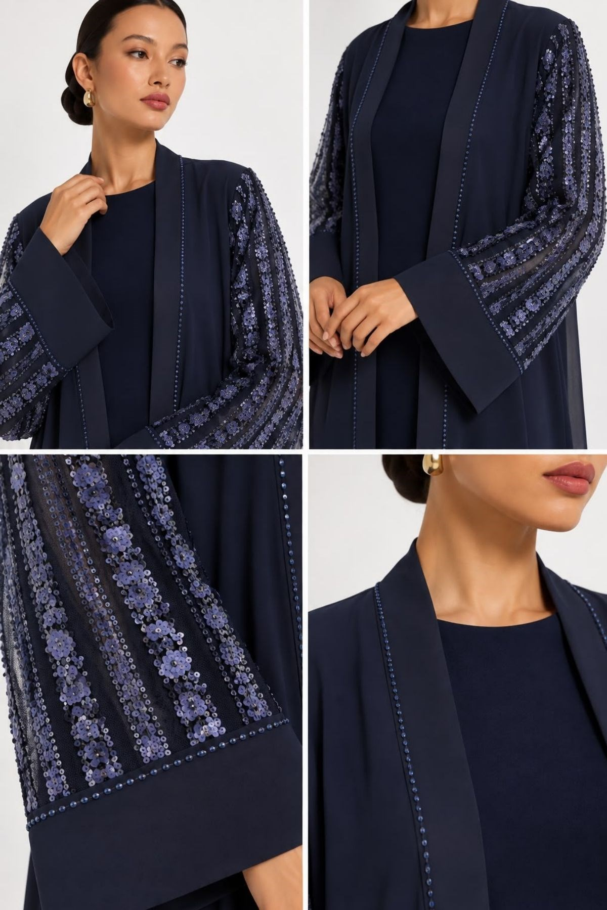 İnce Taş İşlemeli Pullu İçlikli Abaya Lacivert