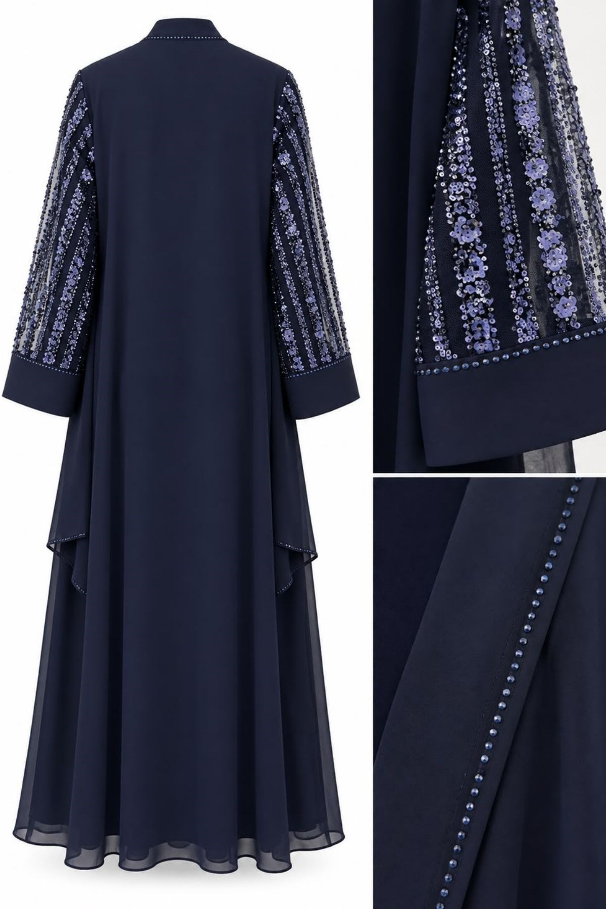 İnce Taş İşlemeli Pullu İçlikli Abaya Lacivert