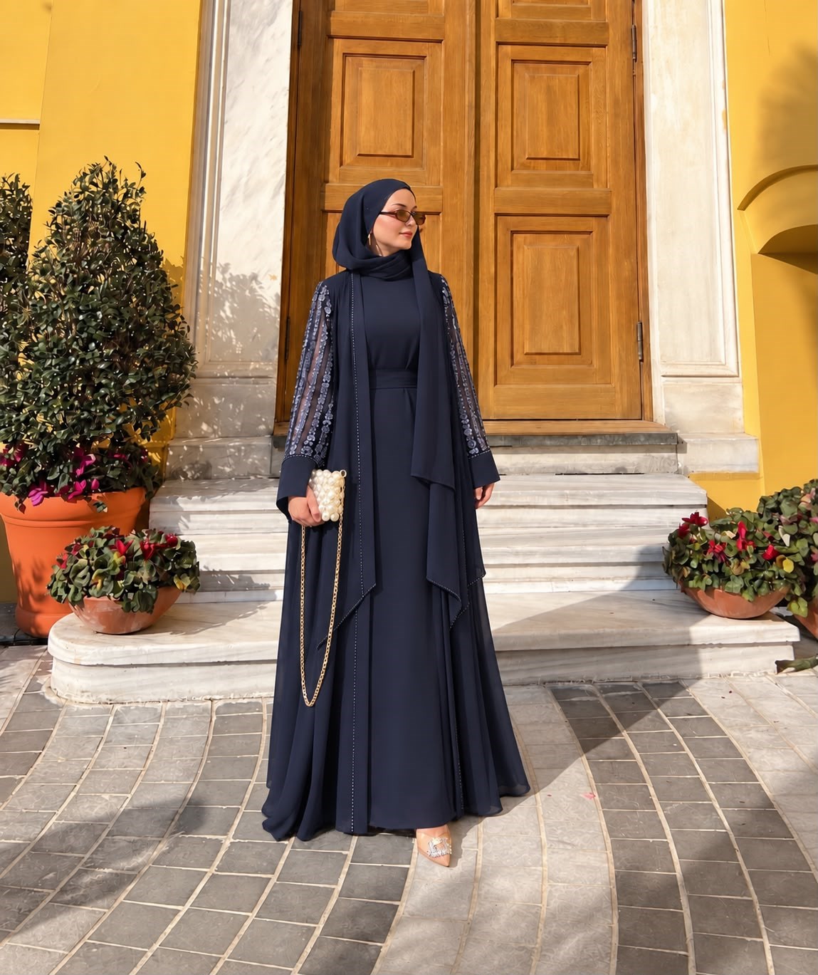 İnce Taş İşlemeli Pullu İçlikli Abaya Lacivert