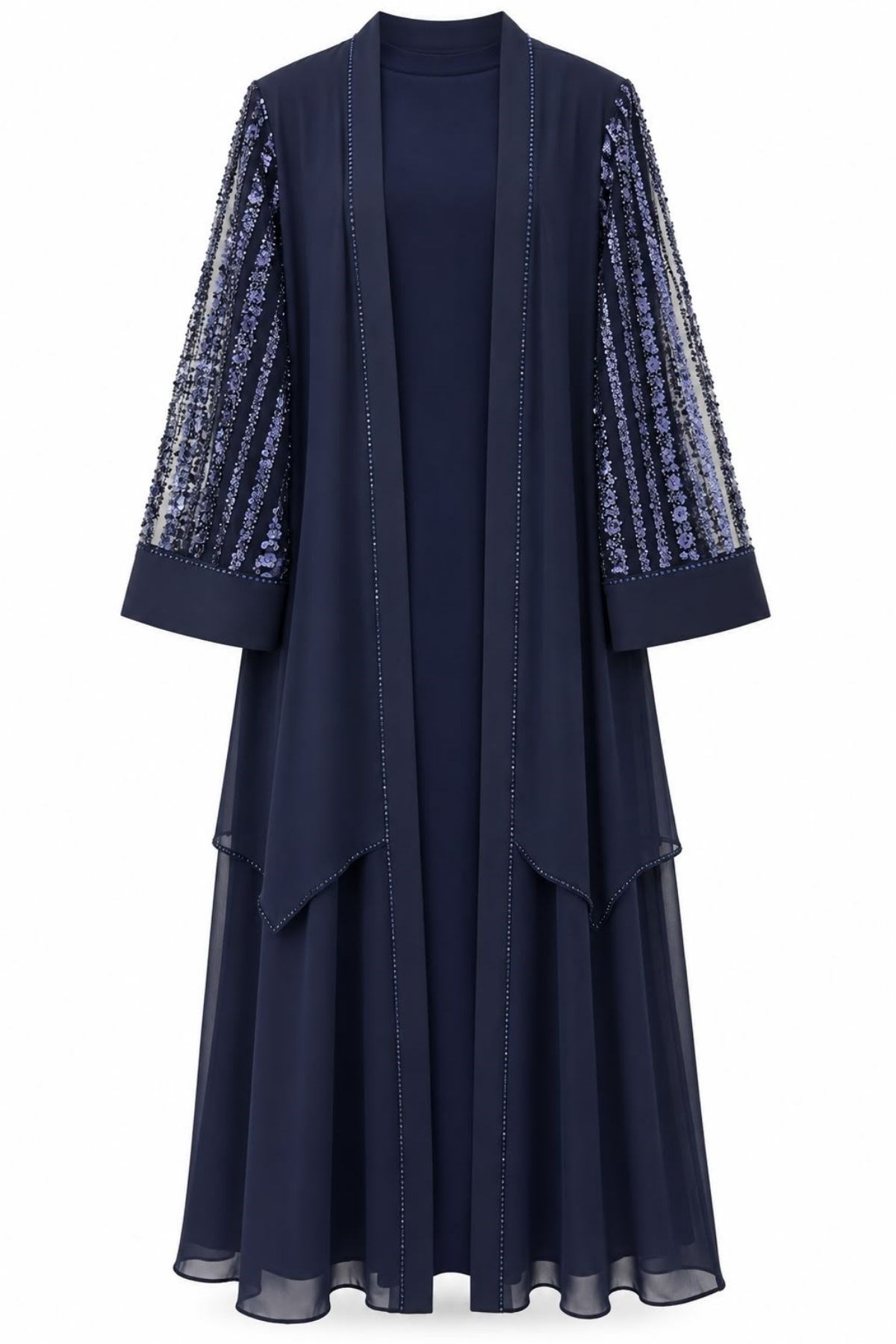 İnce Taş İşlemeli Pullu İçlikli Abaya Lacivert