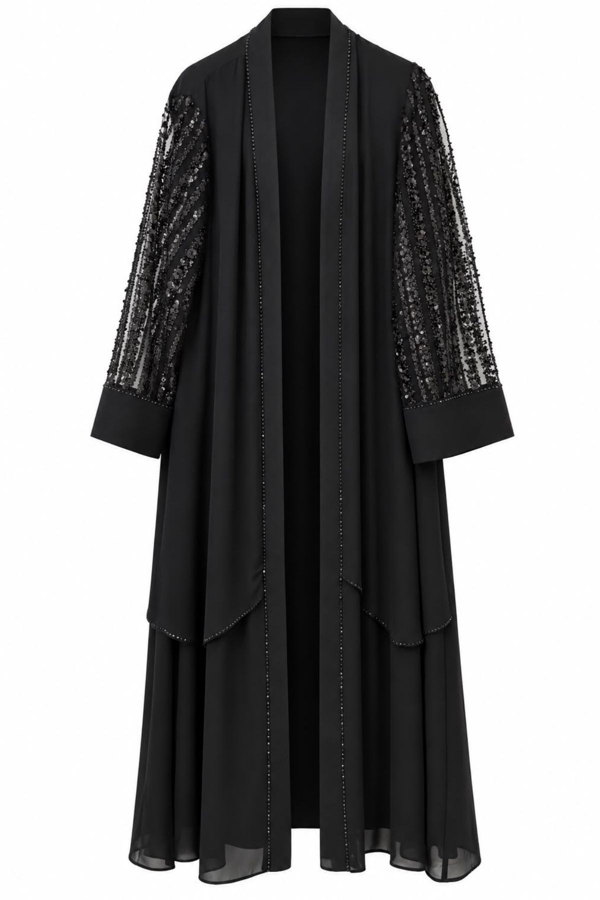 İnce Taş İşlemeli Pullu İçlikli Abaya Siyah