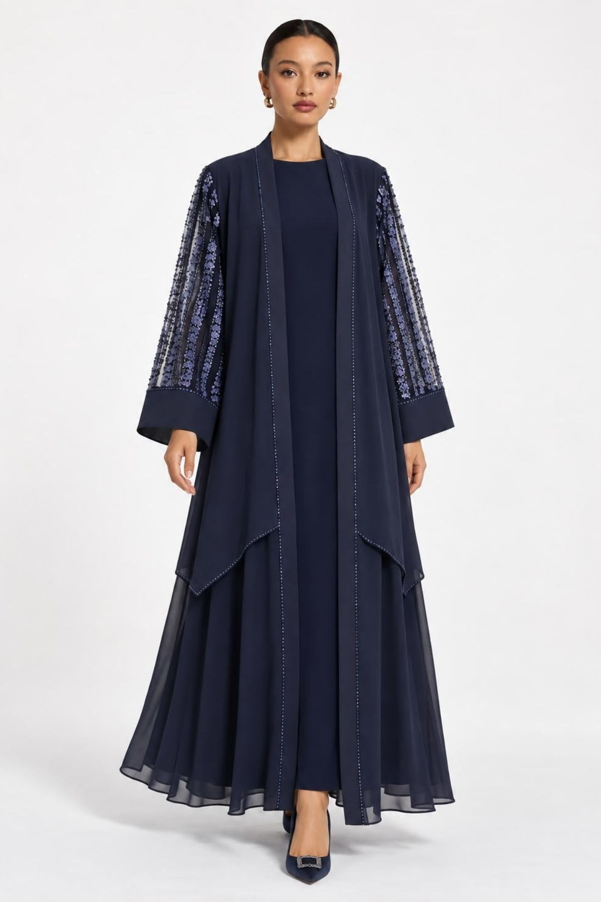 İnce Taş İşlemeli Pullu İçlikli Abaya Lacivert