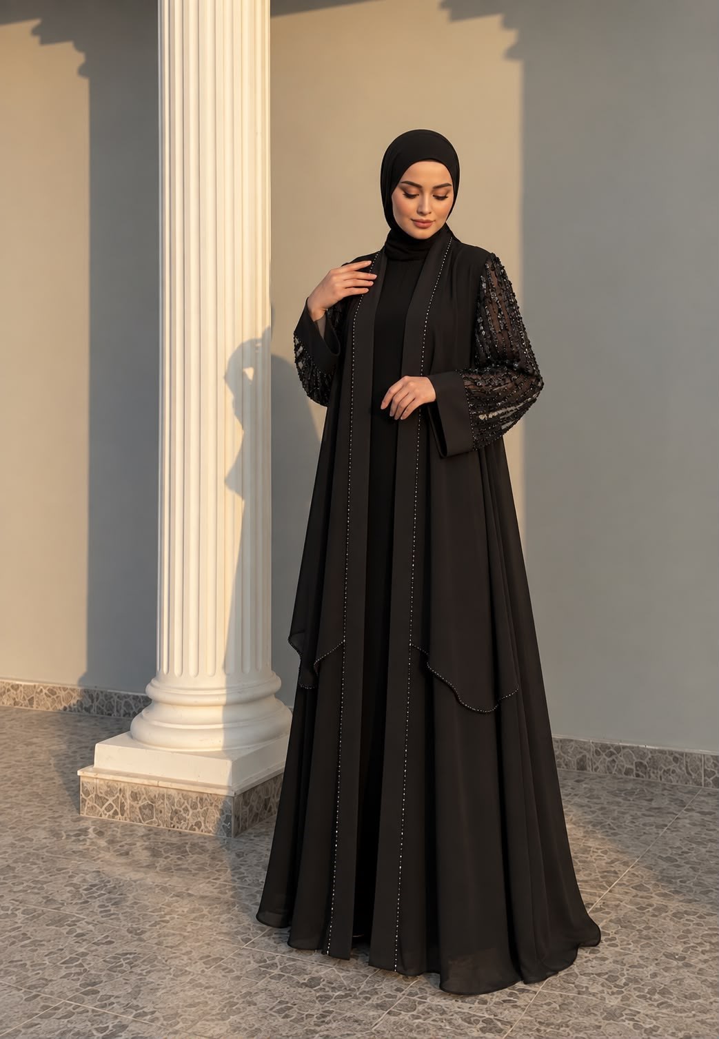 İnce Taş İşlemeli Pullu İçlikli Abaya Siyah