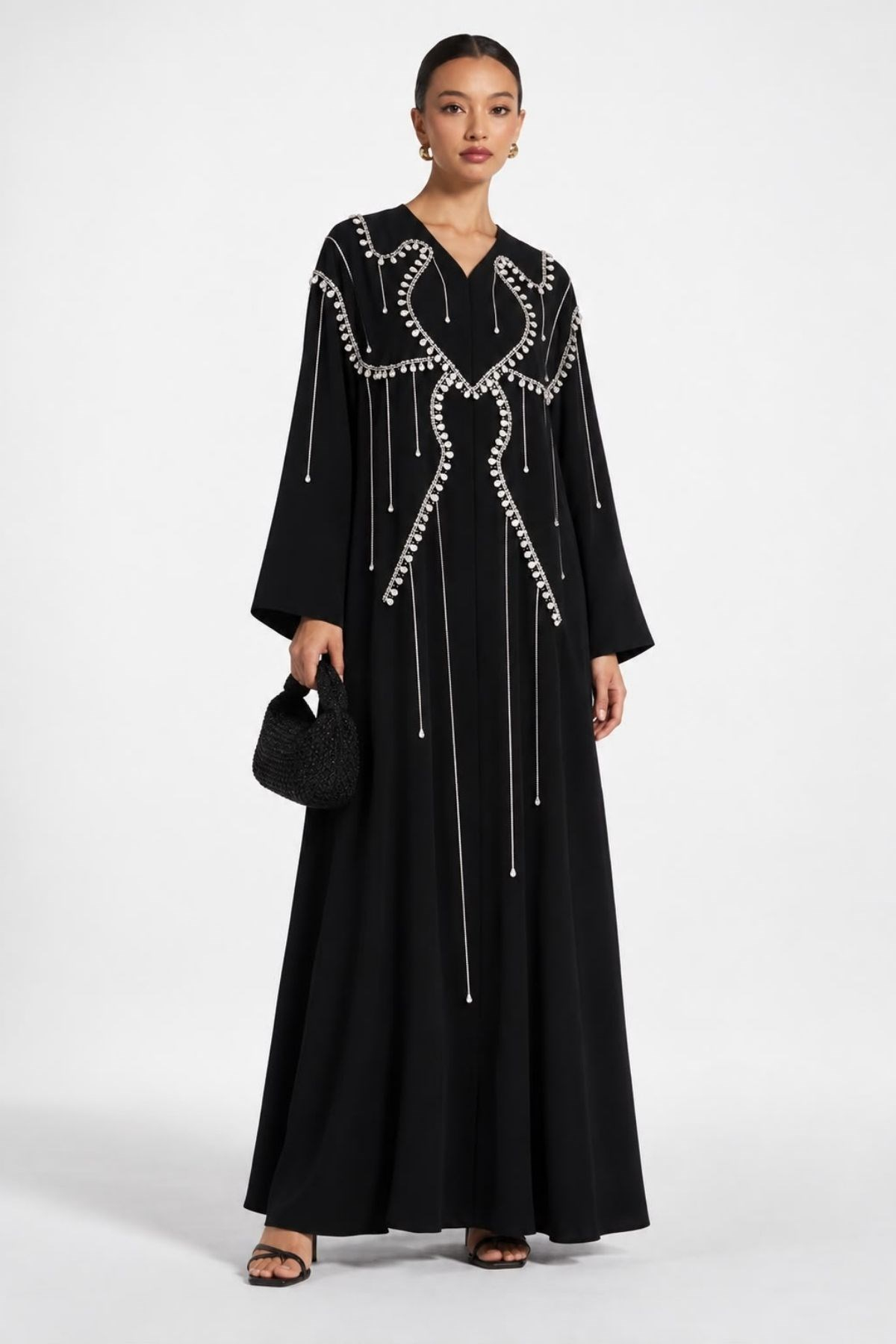 İri Taş İşlemeli Özel Tasarım Siyah Abaya