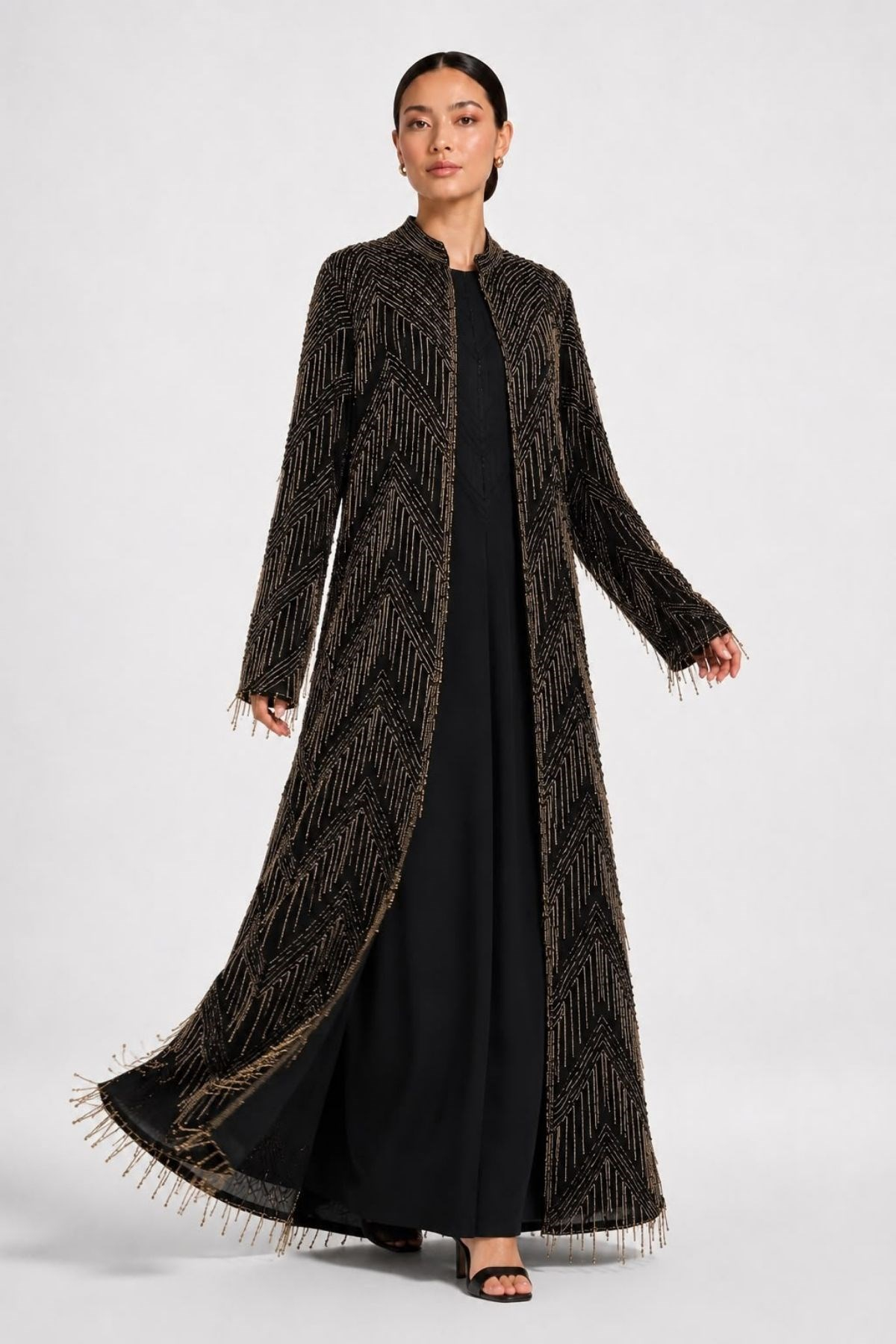 İthal Boncuk İşlemeli Abaya Gold İşlemeli