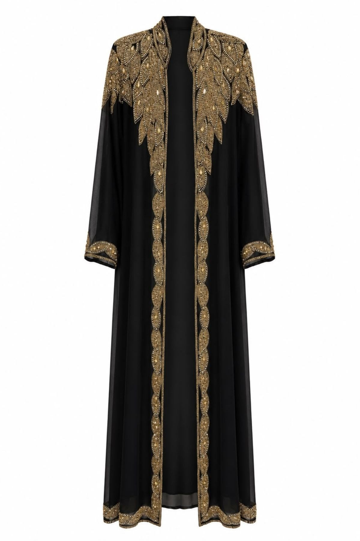 İthal Gold Kasnak İşlemeli Şifon Abaya